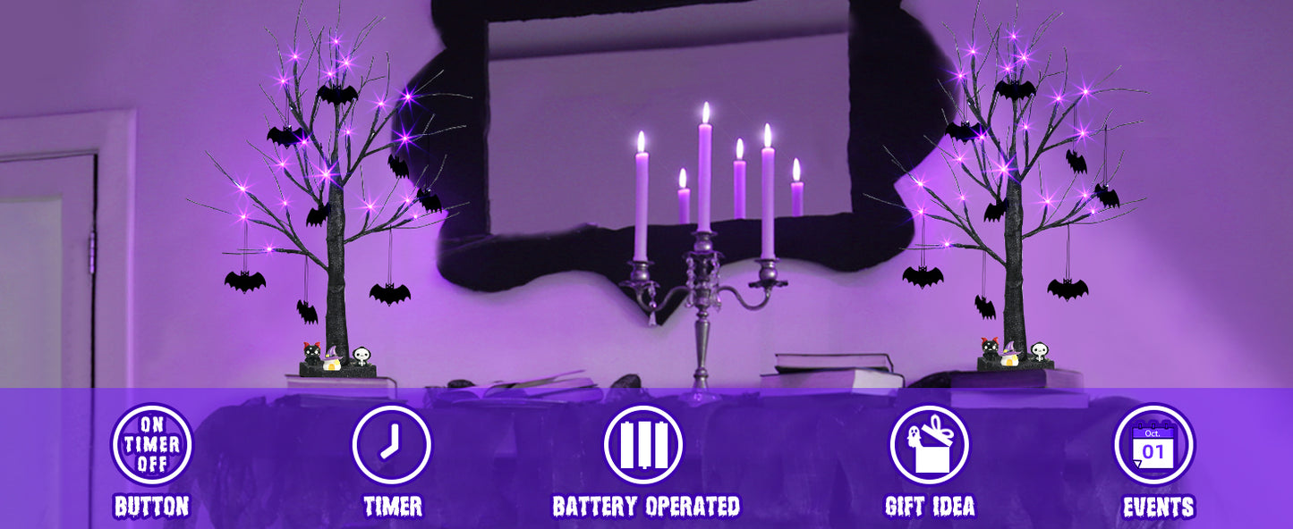 EAMBRITE Halloween Tree, 2FT Black Spooky Tree with 24 LED Purple Lights and 8 Bats