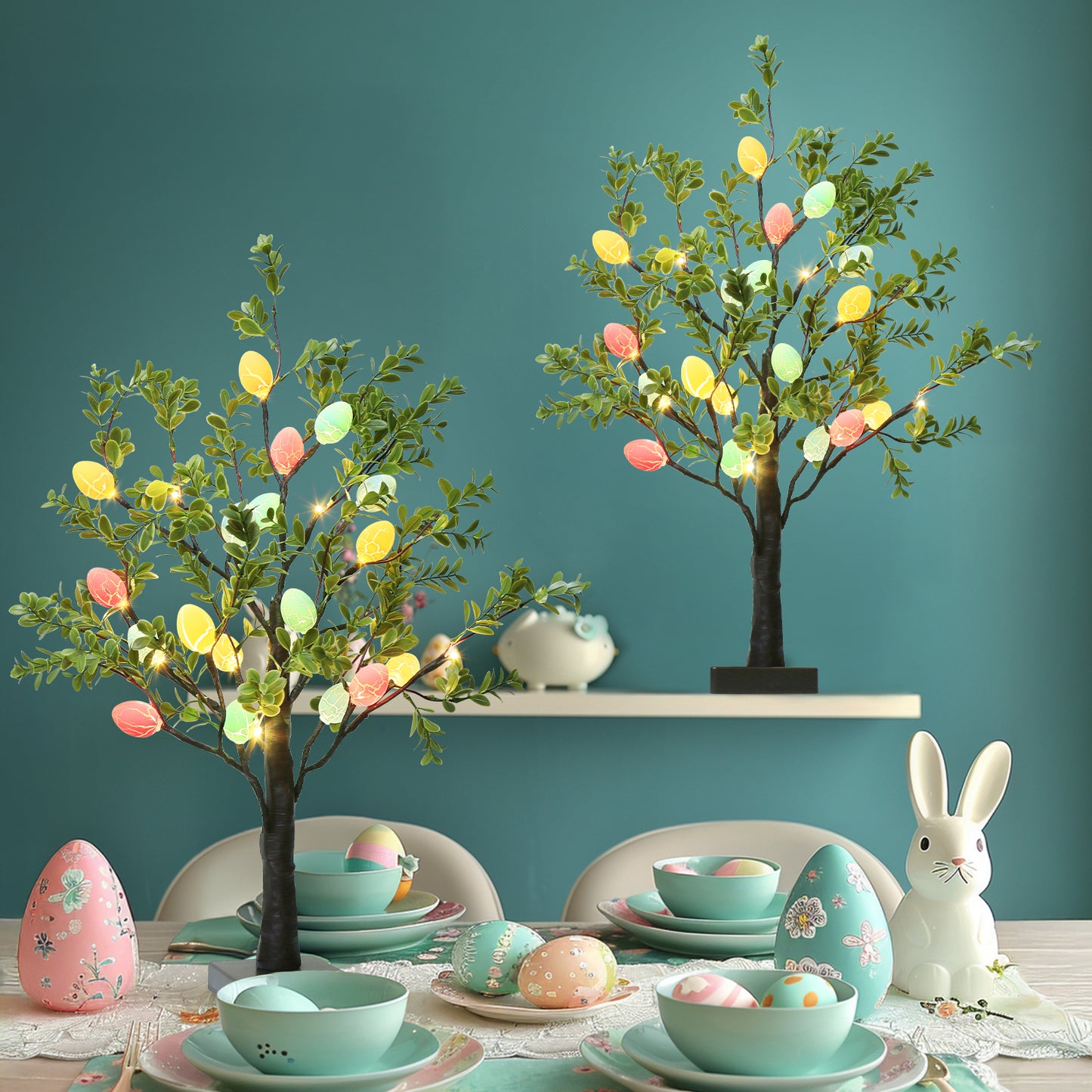EAMBRITE Easter Decorations Easter Tree with Eggs, 2Ft Tabletop Tree with 24 LED Lights
