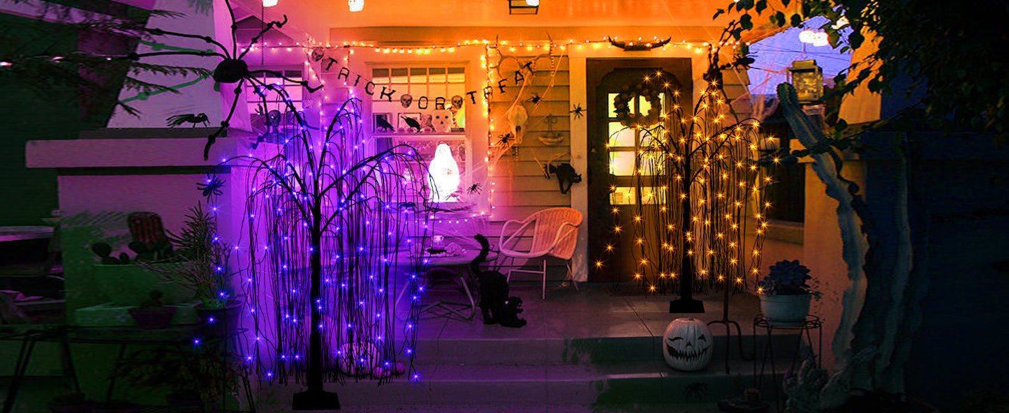 EAMBRITE Halloween Tree 4 FT 180 LED Black Willow Tree with Orange Purple Fairy Lights and Spider Web