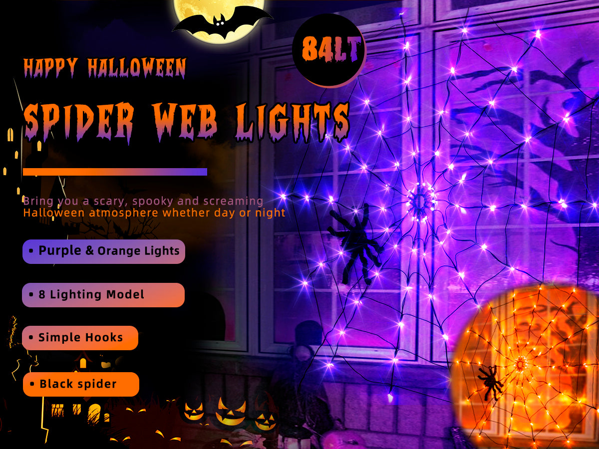EAMBRITE Halloween Spider Web Lights with 84LED Orange/Purple Lights