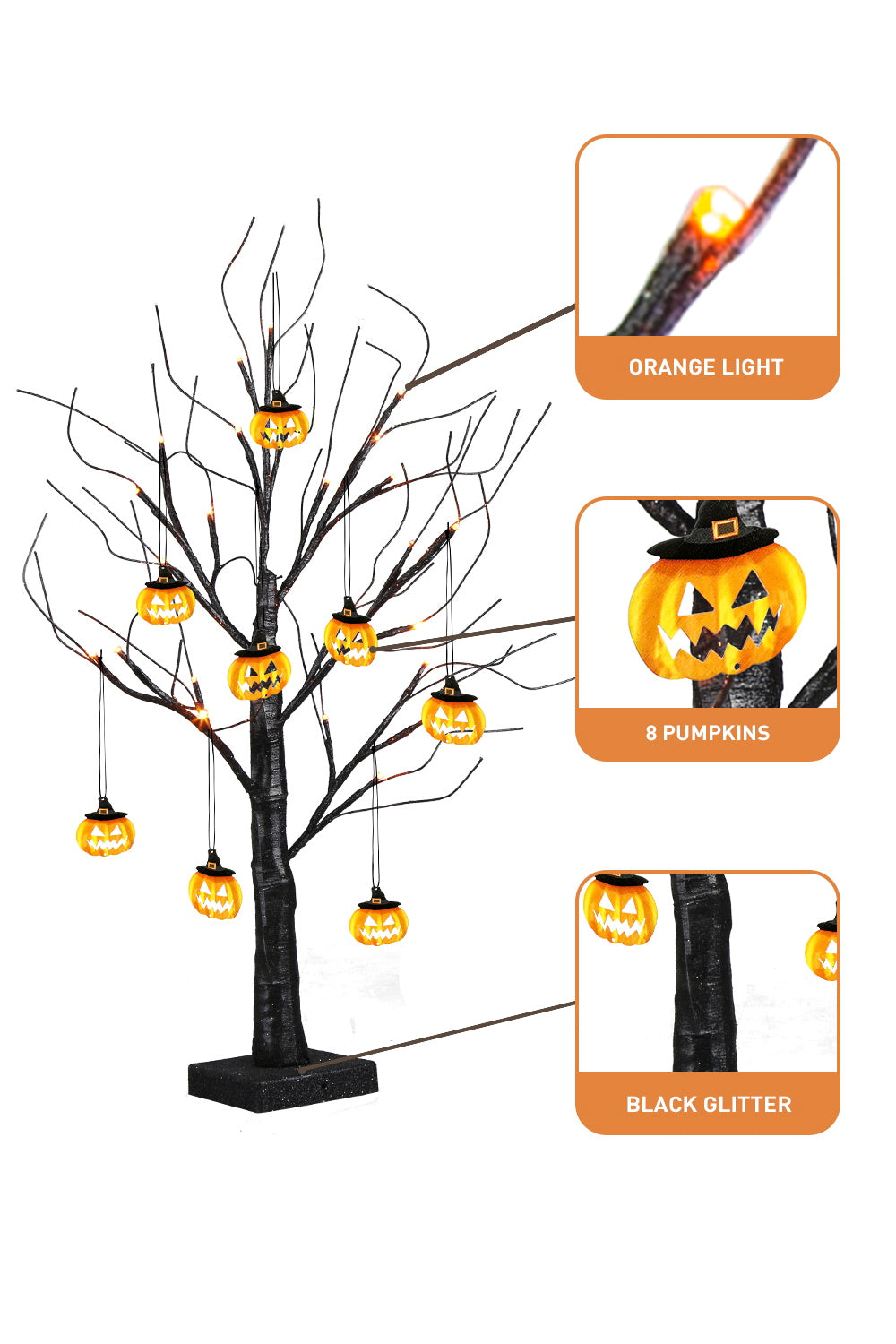 EAMBRITE Halloween Tree, 2FT Black Spooky Tree with 24 LED Orange Lights 8 Pumpkin