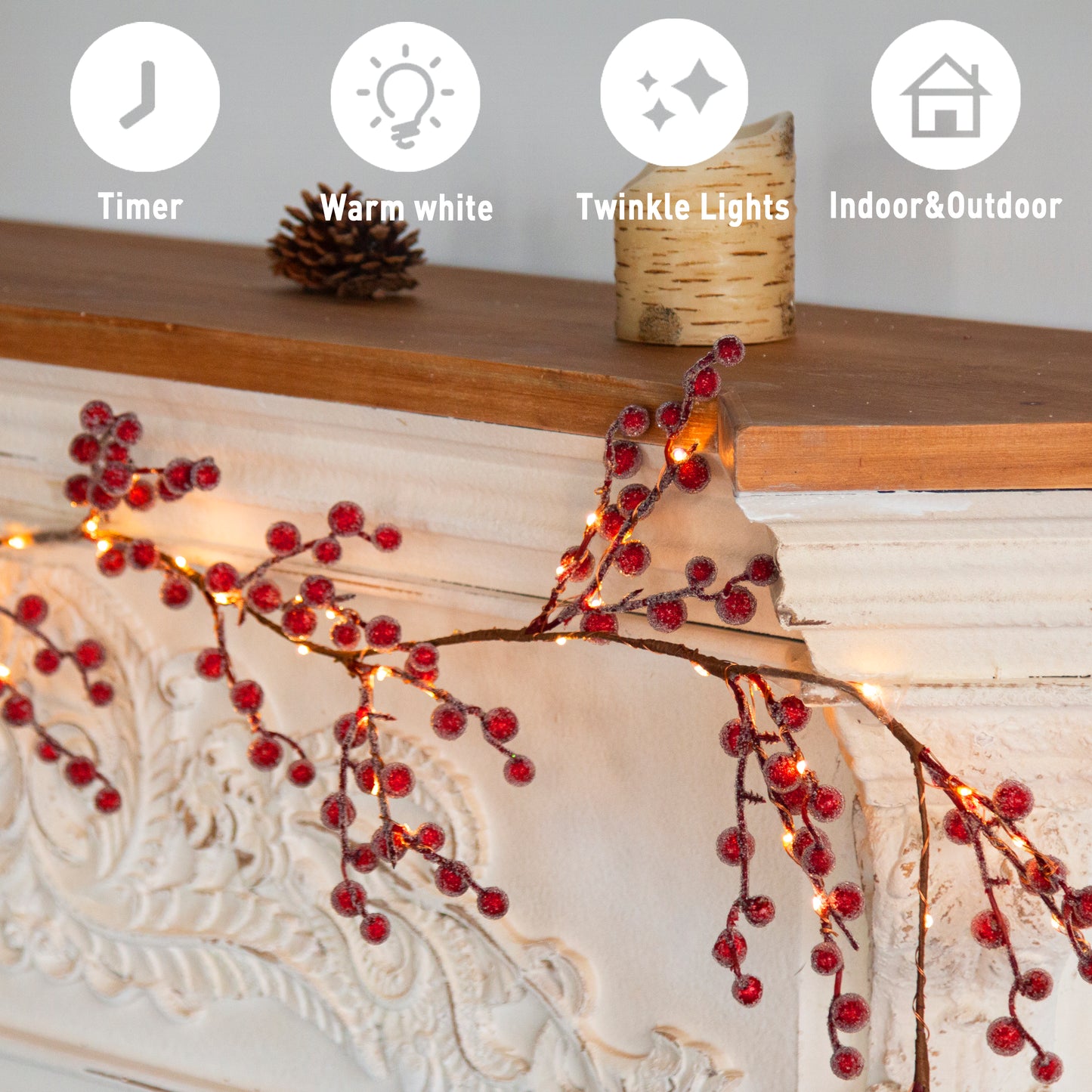 EAMBRITE Lighted Red Berry Garland, 6 FT 88 LED Christmas Garland with Warm White Lighs