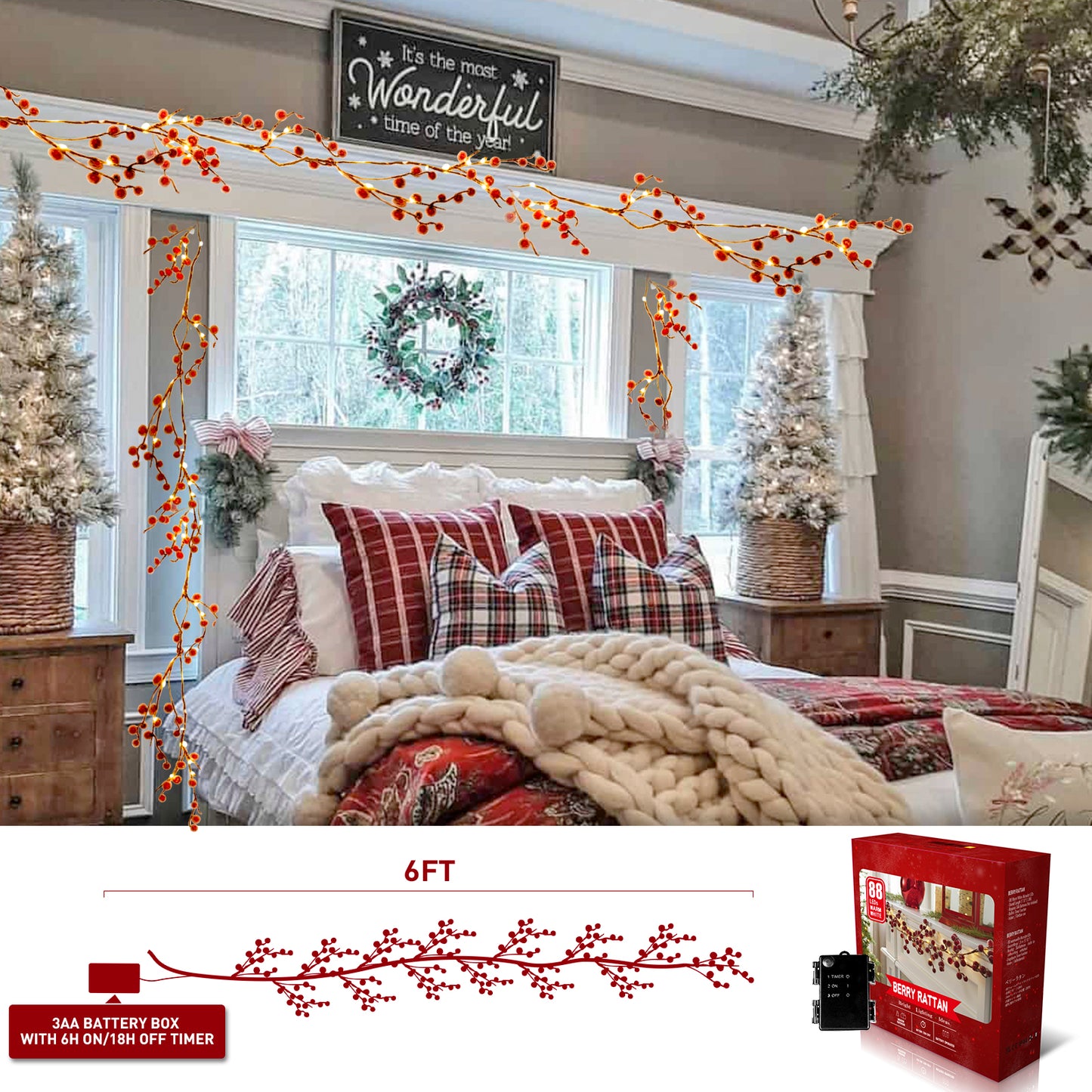 EAMBRITE Lighted Red Berry Garland, 6 FT 88 LED Christmas Garland with Warm White Lighs