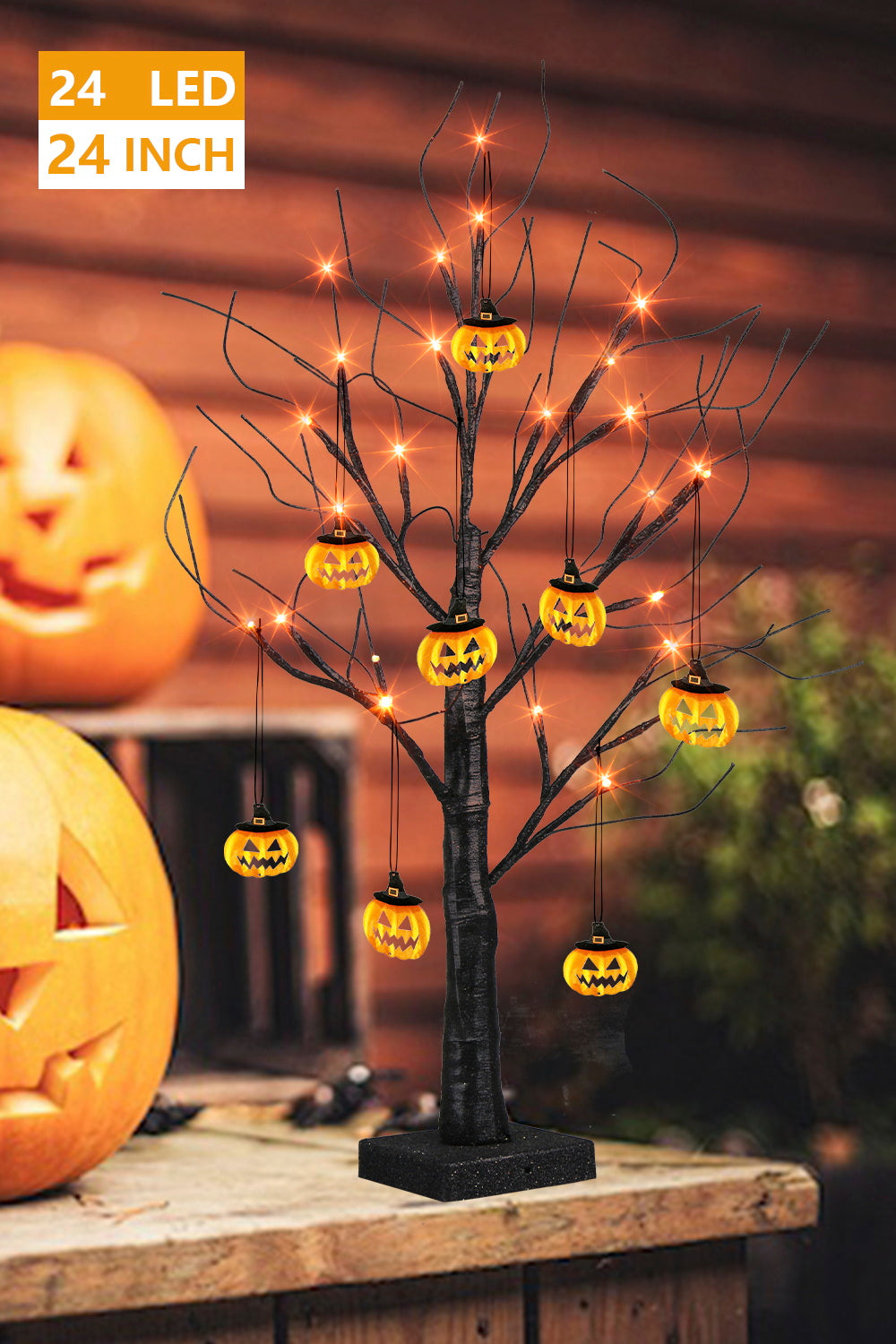 EAMBRITE Halloween Tree, 2FT Black Spooky Tree with 24 LED Orange Lights 8 Pumpkin