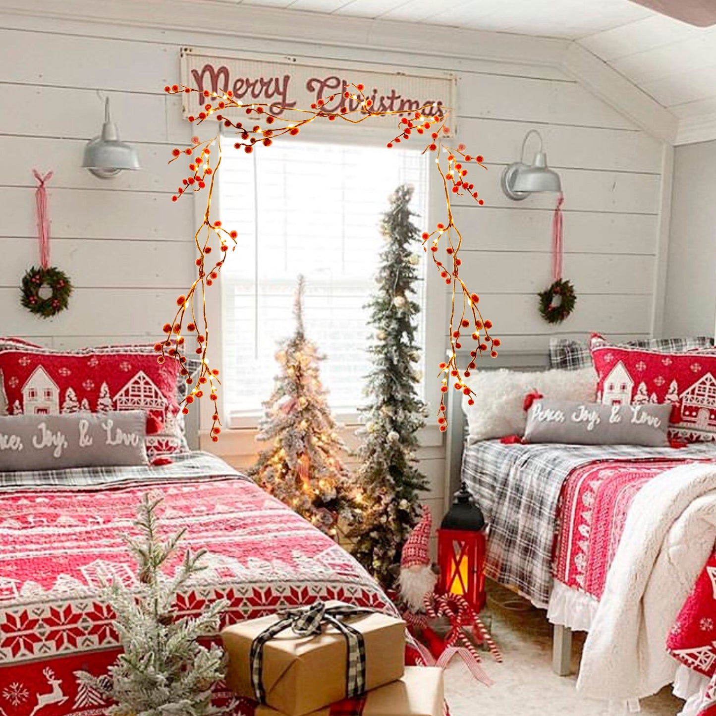 EAMBRITE Lighted Red Berry Garland, 6 FT 88 LED Christmas Garland with Warm White Lighs