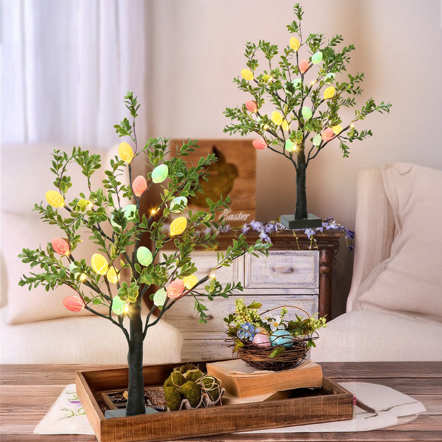 EAMBRITE Easter Decorations Easter Tree with Eggs, 2Ft Tabletop Tree with 24 LED Lights