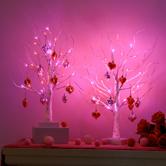 2Pack Birch Tree with Heart-Shaped Ornaments, Lighted Artificial Tree with 24 LED Pink&Red Lights