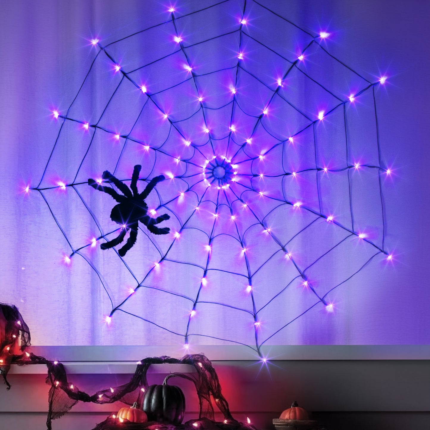 EAMBRITE Halloween Spider Web Lights with 84LED Orange/Purple Lights