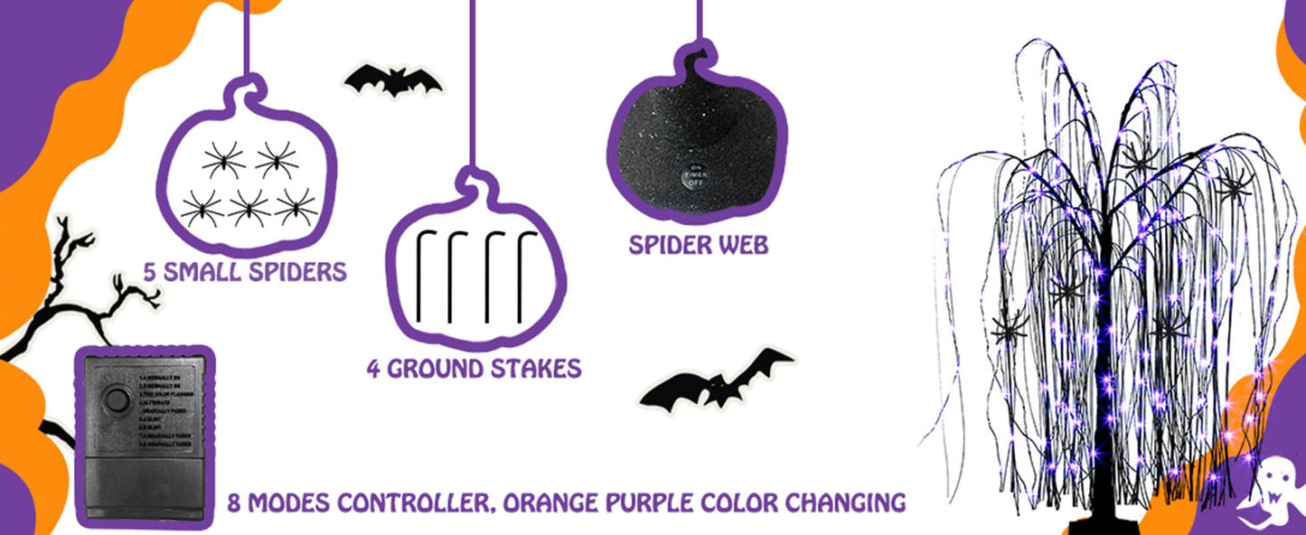 EAMBRITE Halloween Tree 4 FT 180 LED Black Willow Tree with Orange Purple Fairy Lights and Spider Web