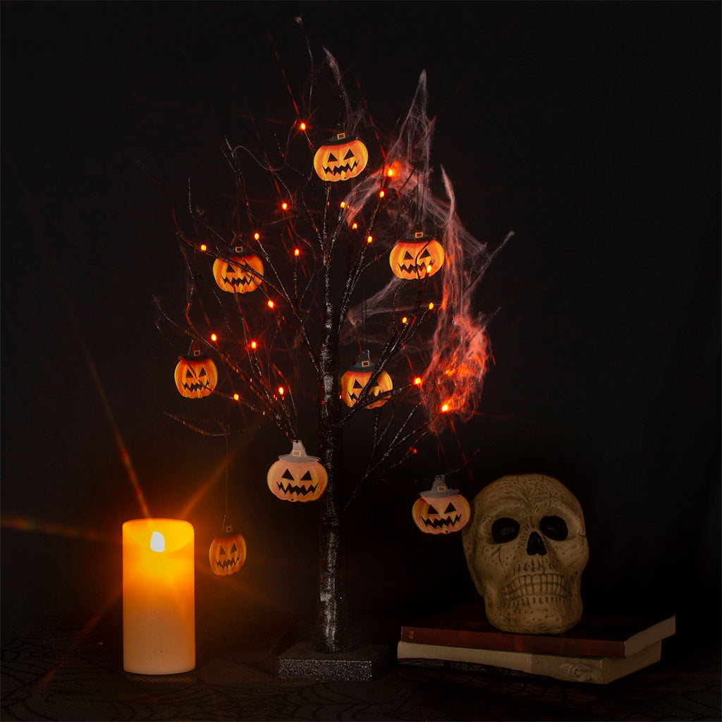 EAMBRITE Halloween Tree, 2FT Black Spooky Tree with 24 LED Orange Lights 8 Pumpkin