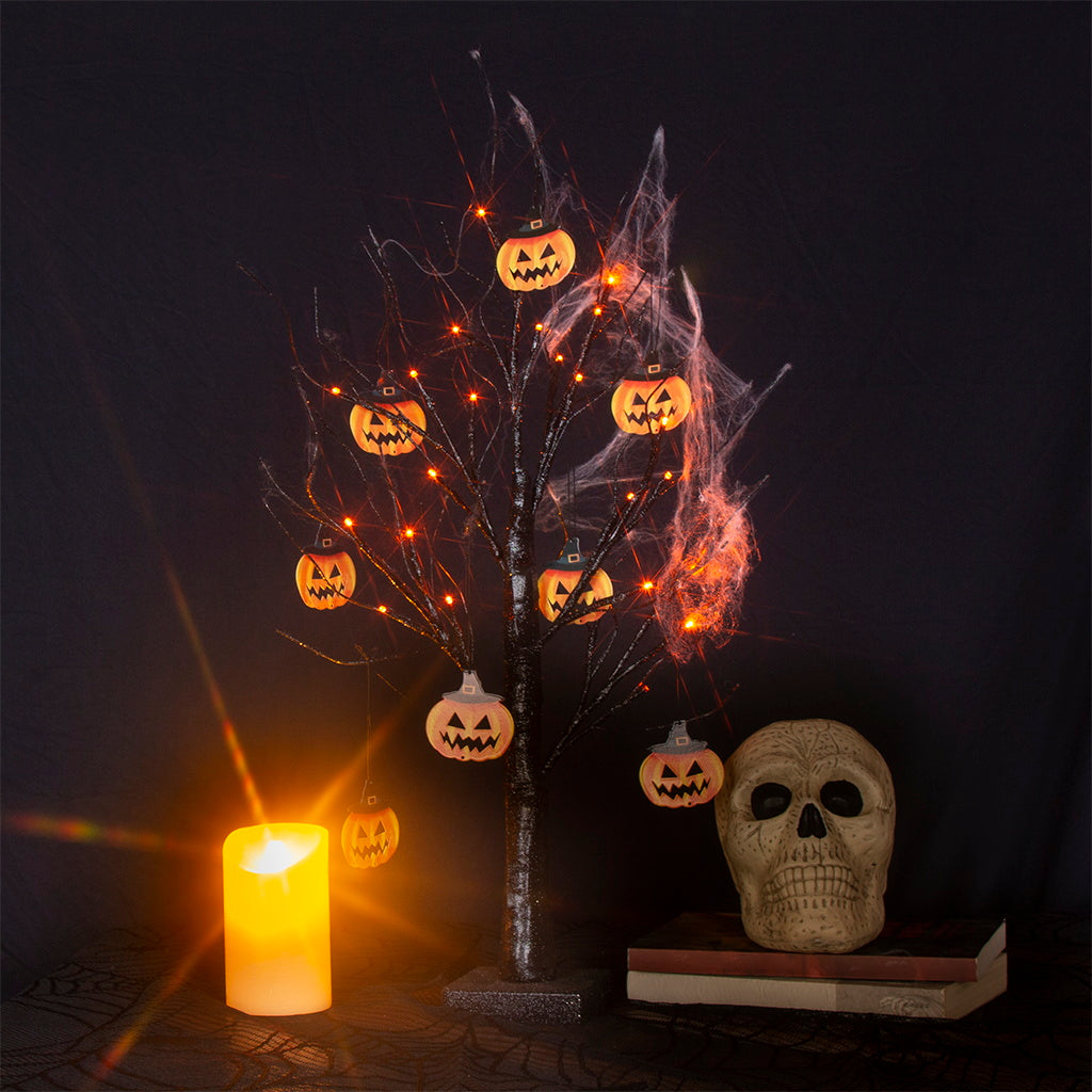 EAMBRITE Halloween Tree, 2FT Black Spooky Tree with 24 LED Orange Lights 8 Pumpkin