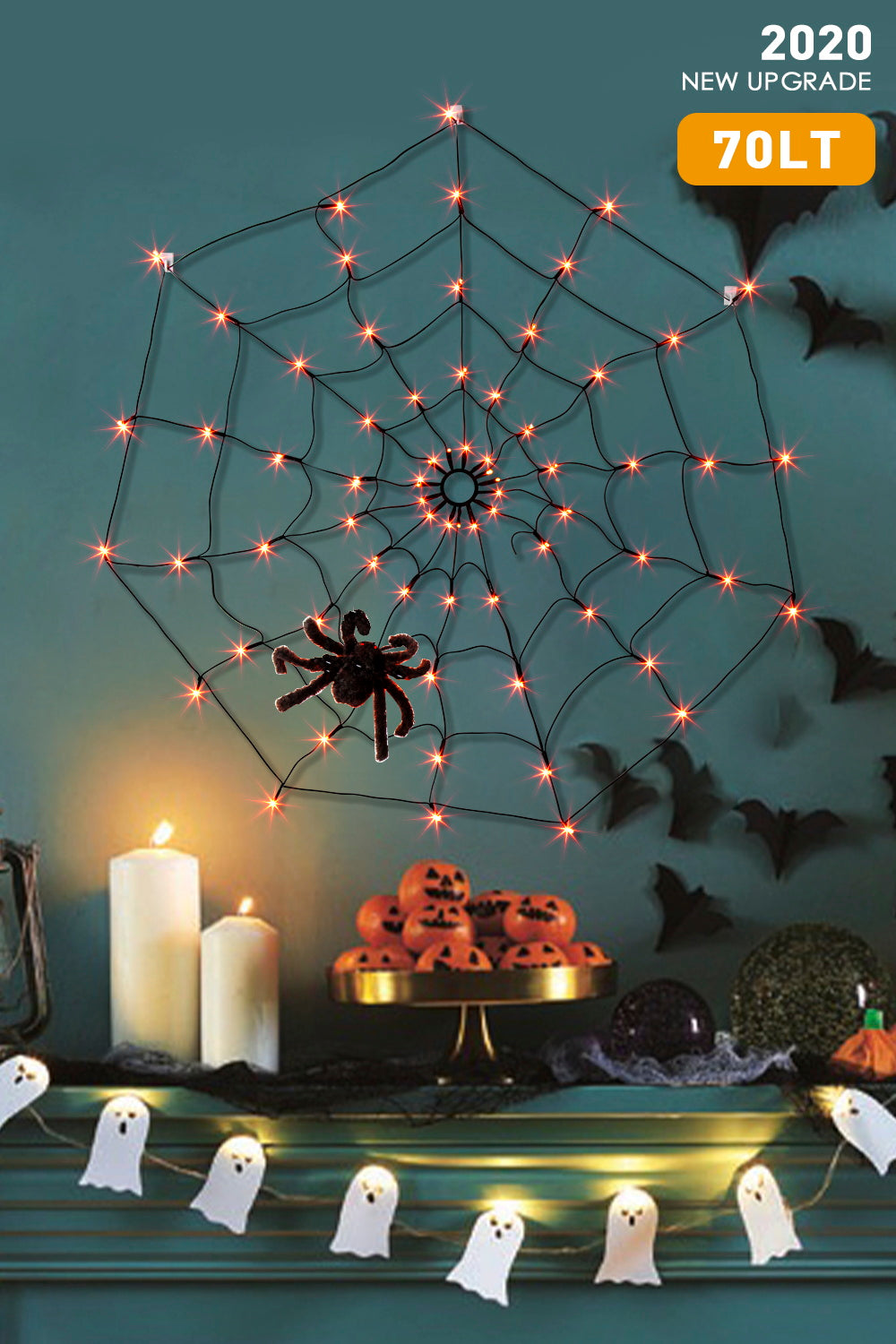 EAMBRITE Halloween Spider Web Lights with 70LED Orange Lights
