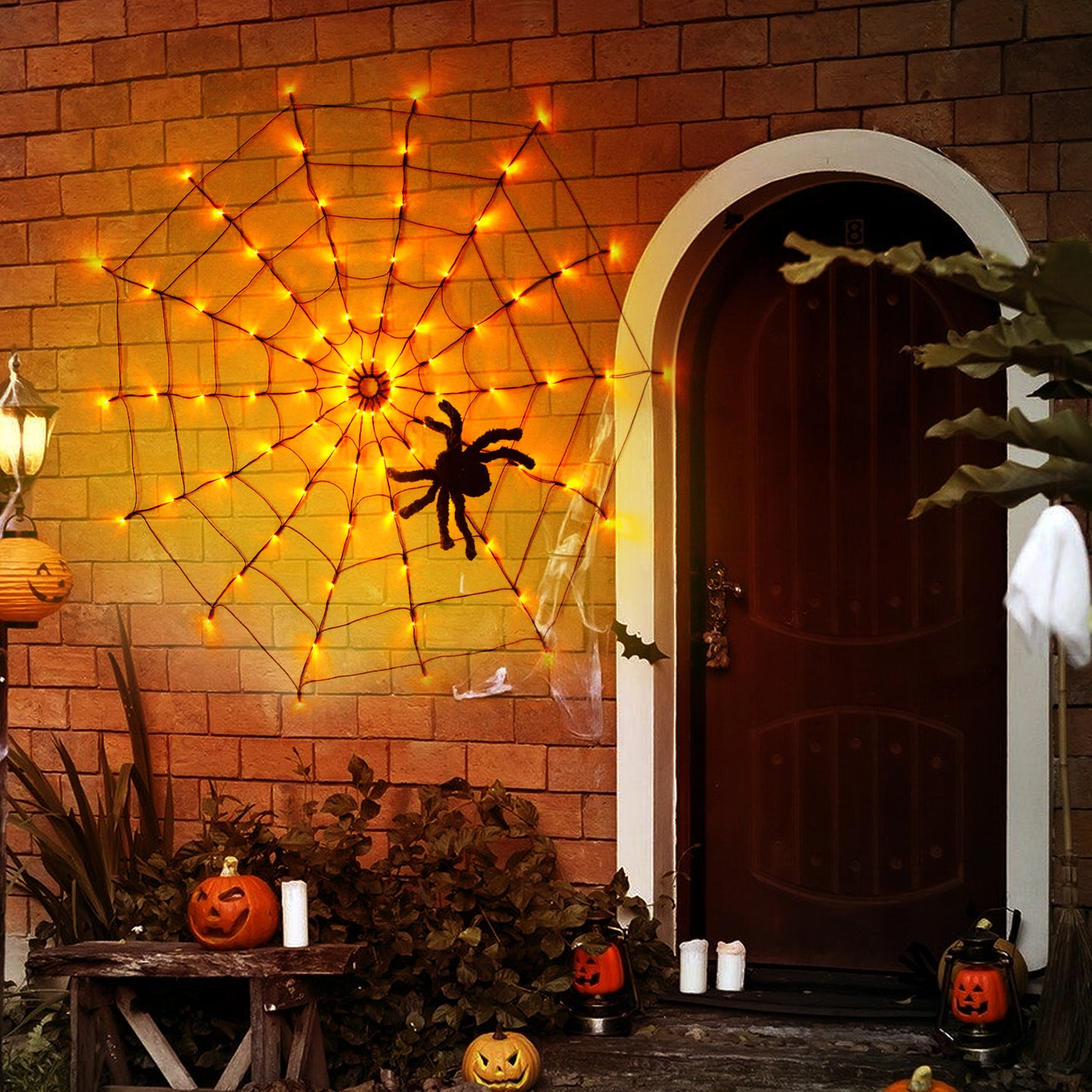 EAMBRITE Halloween Spider Web Lights with 84LED Orange/Purple Lights