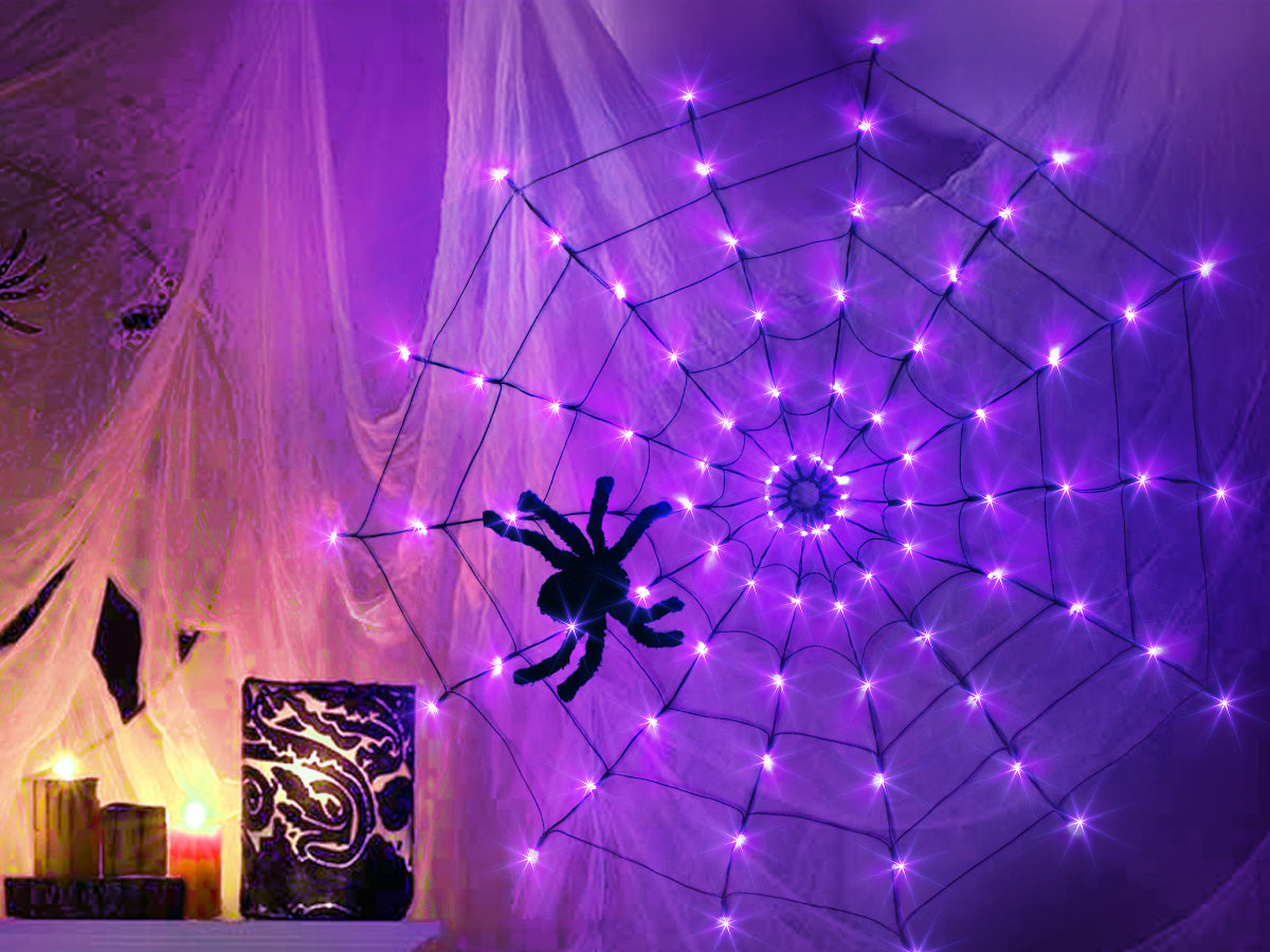 EAMBRITE Halloween Spider Web Lights with 84LED Orange/Purple Lights