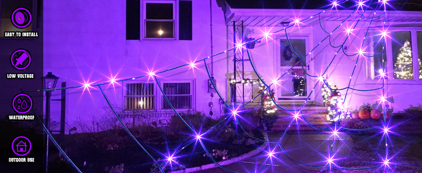 EAMBRITE Halloween Decorations Outdoor Giant Spider Web Lights with 135 LED Purple & Orange Lights