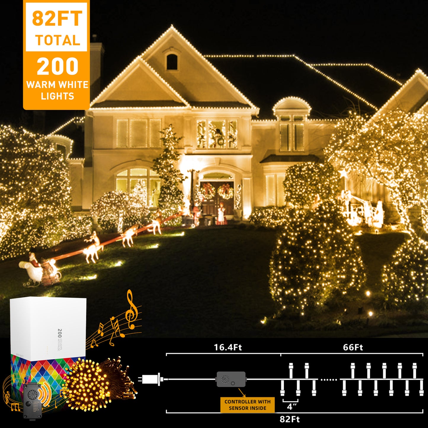 EAMBRITE Christmas Lights Outdoor 82 Ft 200 LT Christmas Lights with Cheerful Music