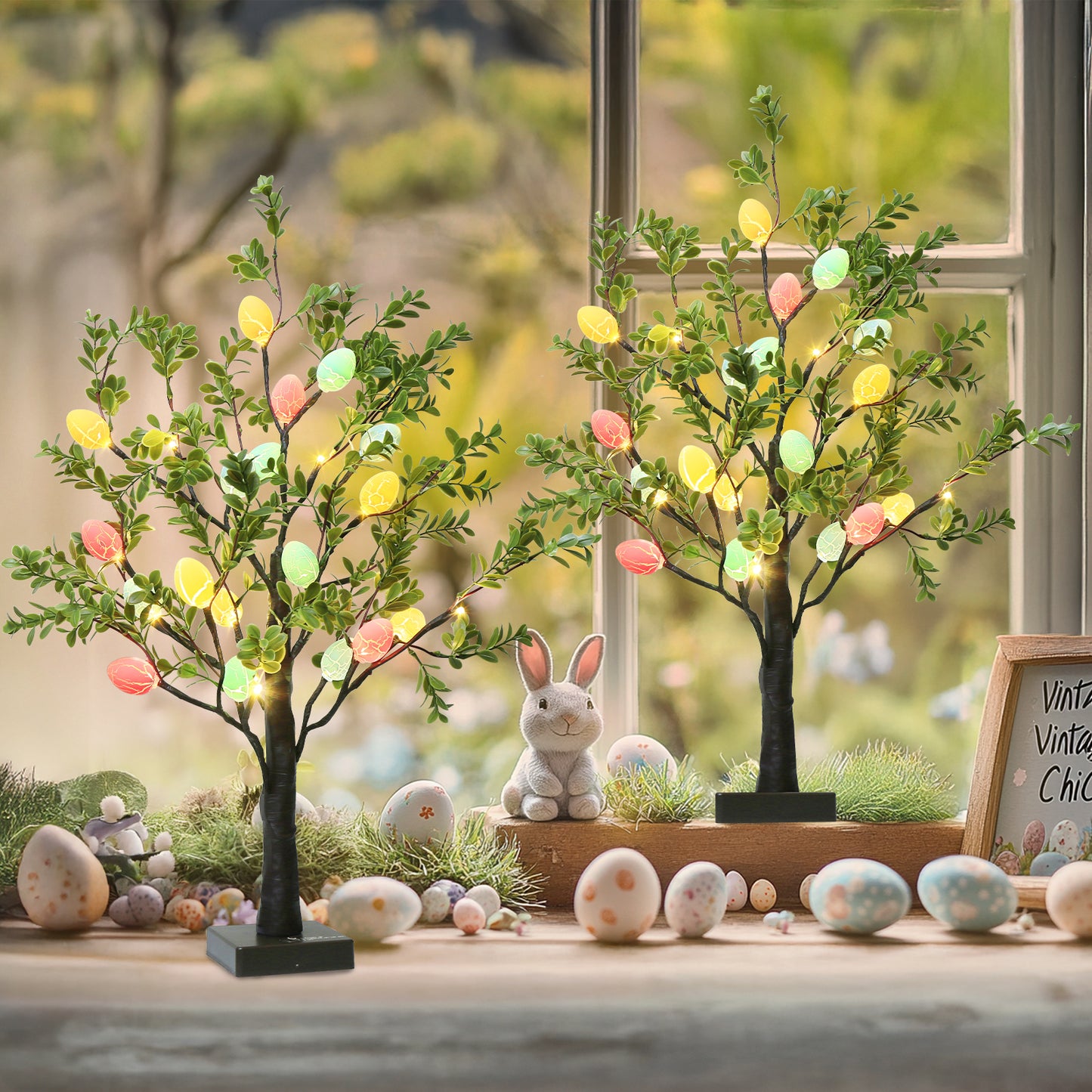 EAMBRITE Easter Decorations Easter Tree with Eggs, 2Ft Tabletop Tree with 24 LED Lights