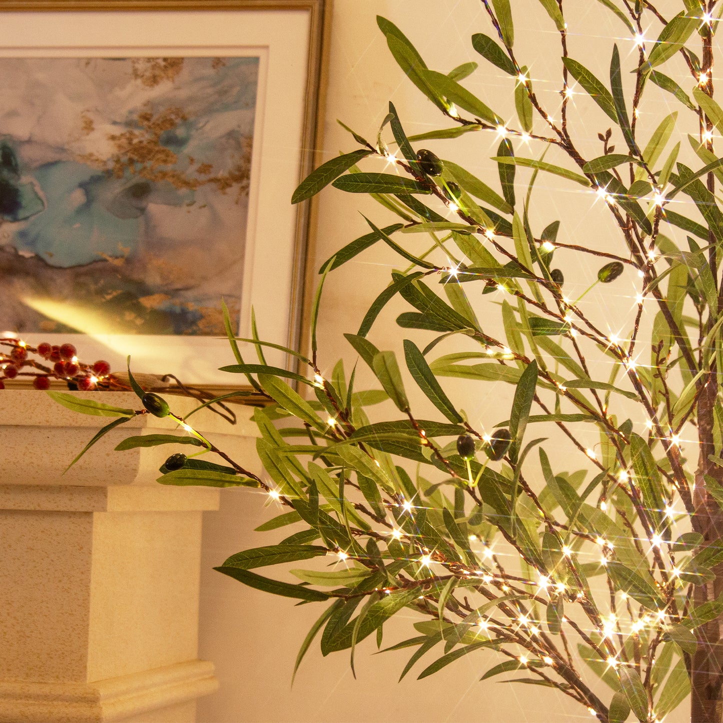 EAMBRITE Lighted Olive Tree Artificial Indoor, 6Ft Eucalyptus Tree with Fairy Lights