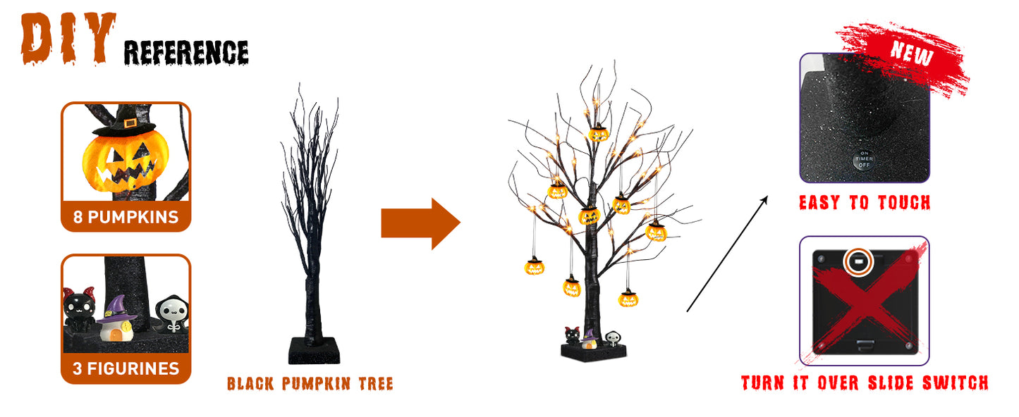 EAMBRITE Halloween Tree, 2FT Black Spooky Tree with 24 LED Orange Lights 8 Pumpkin