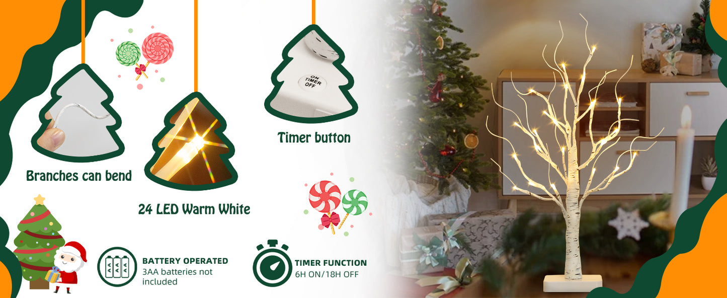 EAMBRITE Birch Tree with Led Lights, White Christmas Decorations Indoor Lighted Mini Small Artificial Tree Lamp