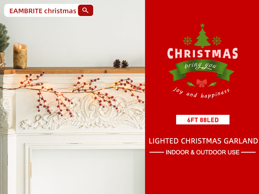 EAMBRITE Lighted Red Berry Garland, 6 FT 88 LED Christmas Garland with Warm White Lighs