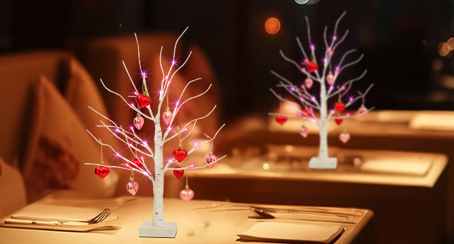 2 Paquetes de Árboles de Abedul con Adornos en Forma de Corazón, Árbol Artificial Iluminado con 24 Luces LED Rosas y Rojas