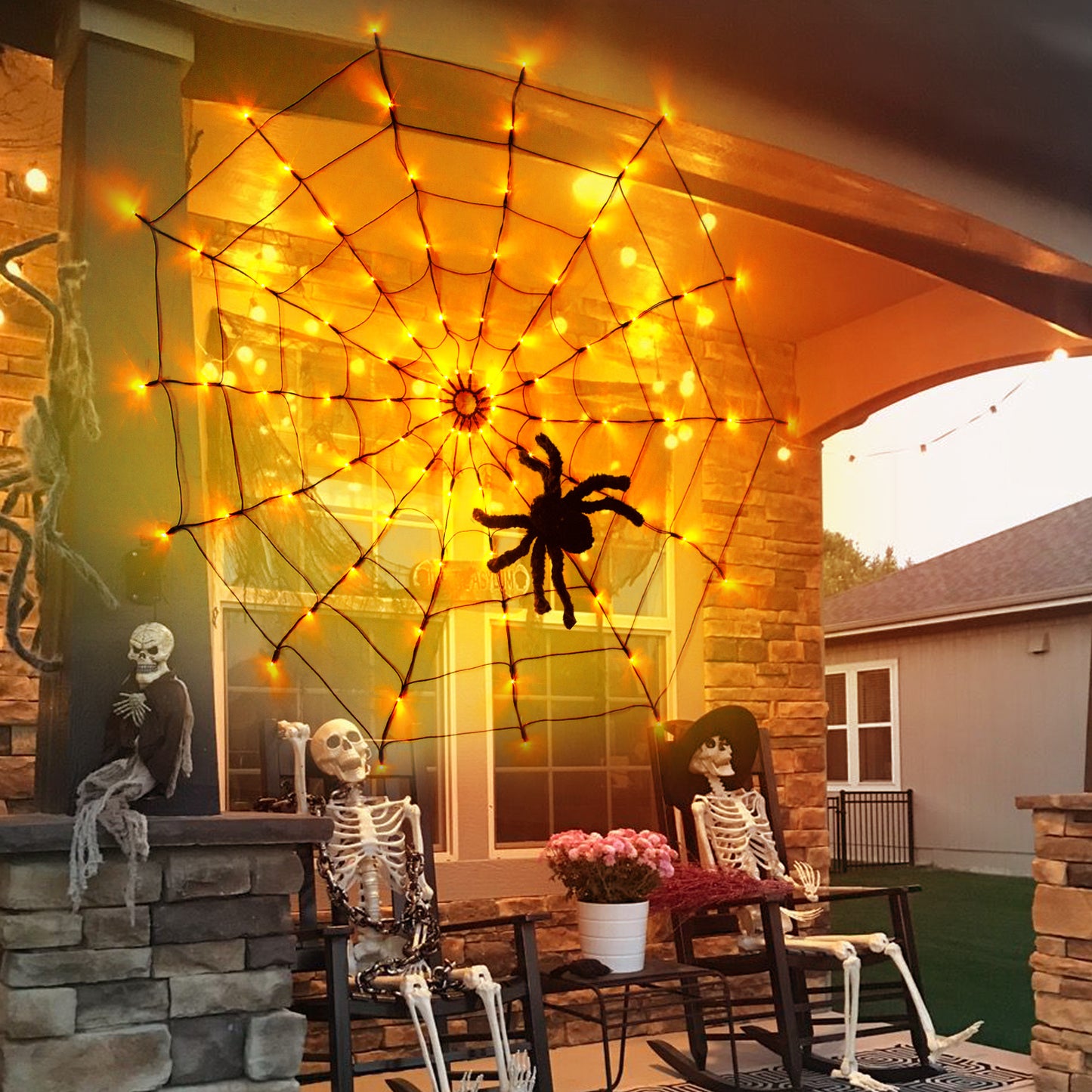 EAMBRITE Halloween Spider Web Lights with 84LED Orange/Purple Lights