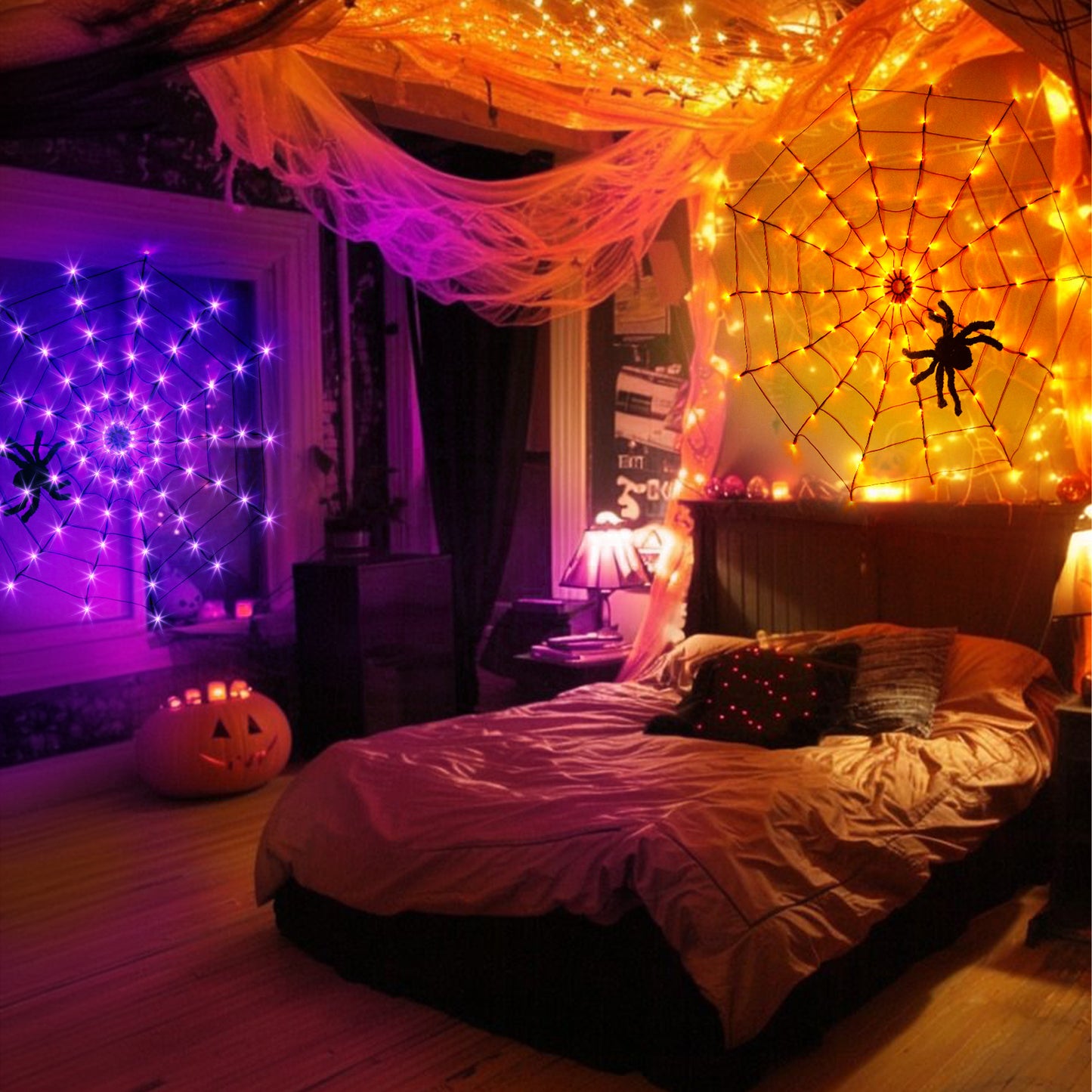 EAMBRITE Halloween Spider Web Lights with 84LED Orange/Purple Lights