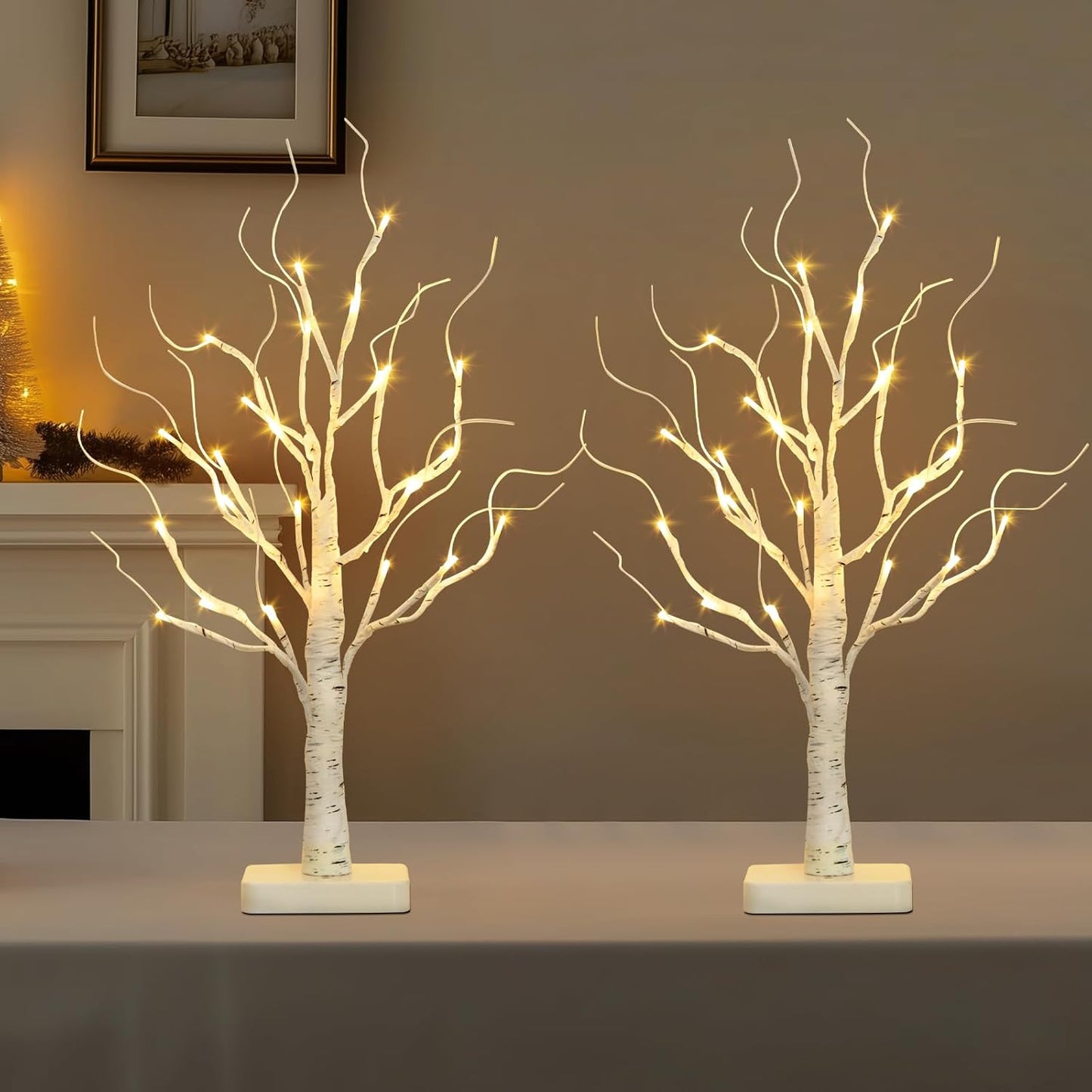 EAMBRITE Birch Tree with Led Lights, White Christmas Decorations Indoor Lighted Mini Small Artificial Tree Lamp