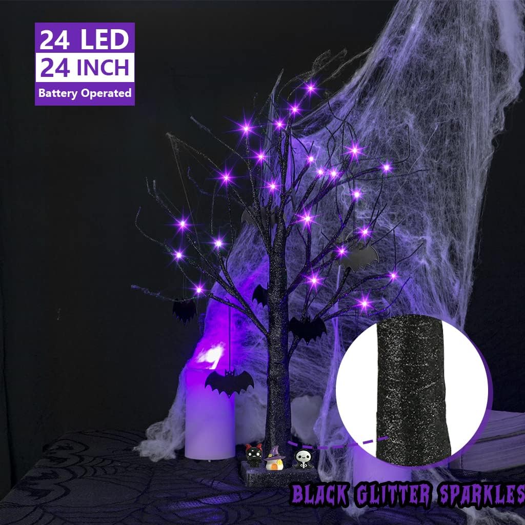 EAMBRITE Halloween Tree, 2FT Black Spooky Tree with 24 LED Purple Lights and 8 Bats