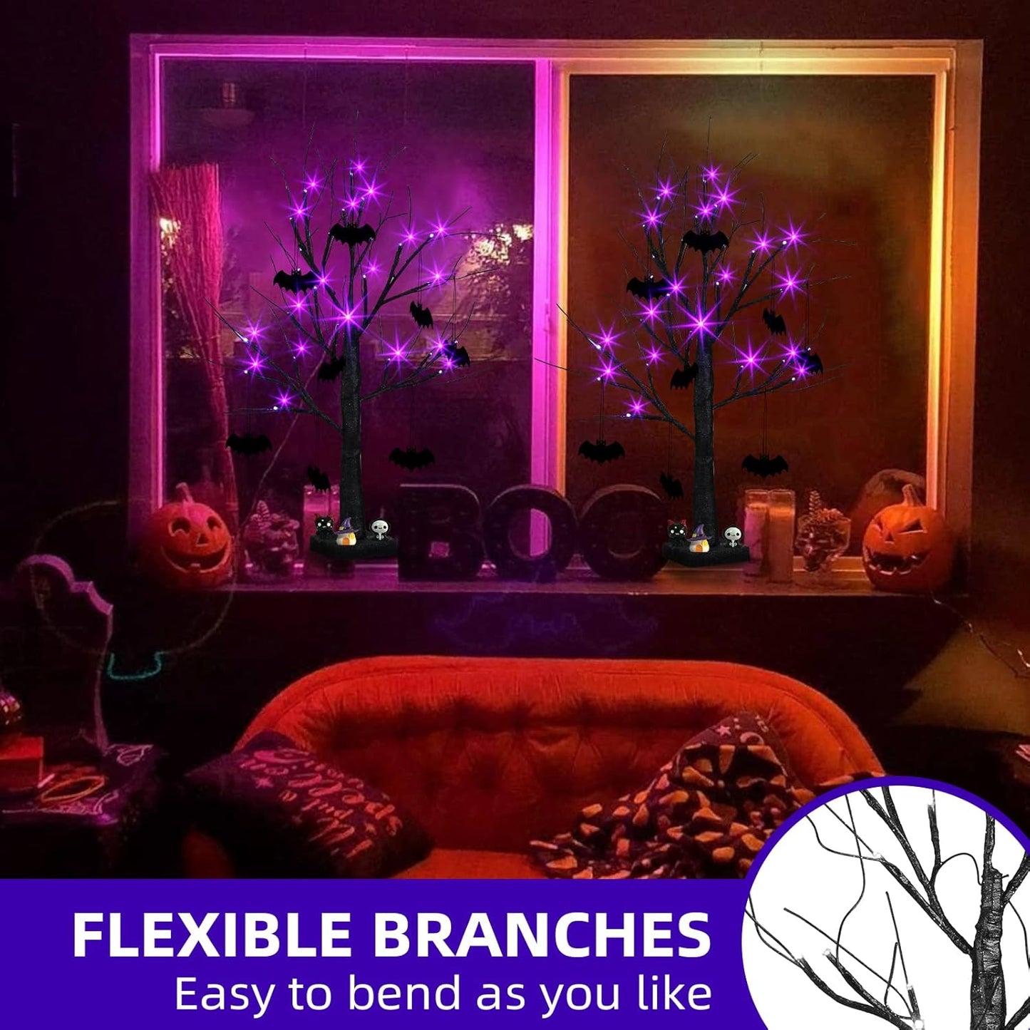 EAMBRITE Halloween Tree, 2FT Black Spooky Tree with 24 LED Purple Lights and 8 Bats