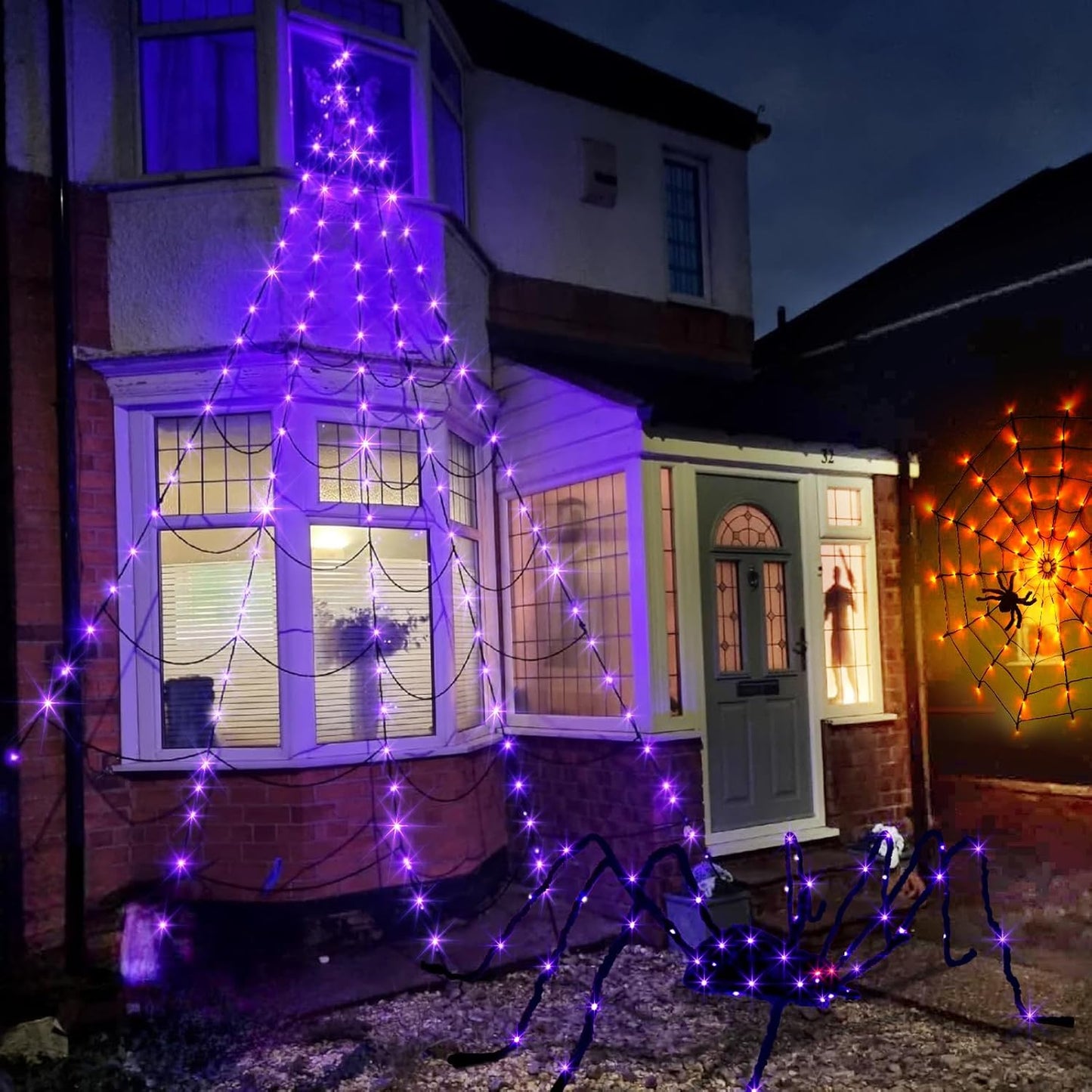 EAMBRITE Halloween Decorations Outdoor Giant Spider Web Lights with 135 LED Purple & Orange Lights