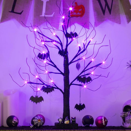 EAMBRITE Halloween Tree, 2FT Black Spooky Tree with 24 LED Purple Lights and 8 Bats