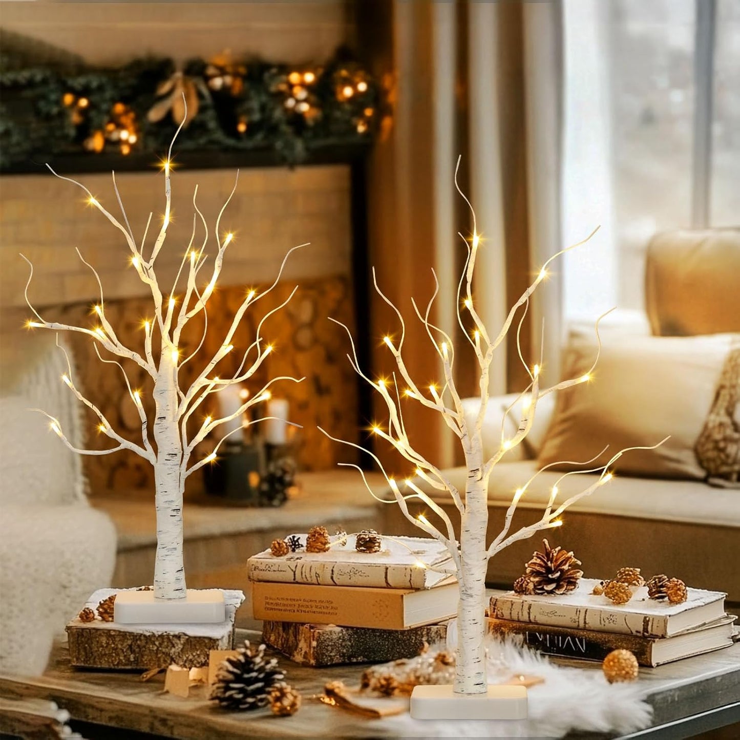 EAMBRITE Birch Tree with Led Lights, White Christmas Decorations Indoor Lighted Mini Small Artificial Tree Lamp