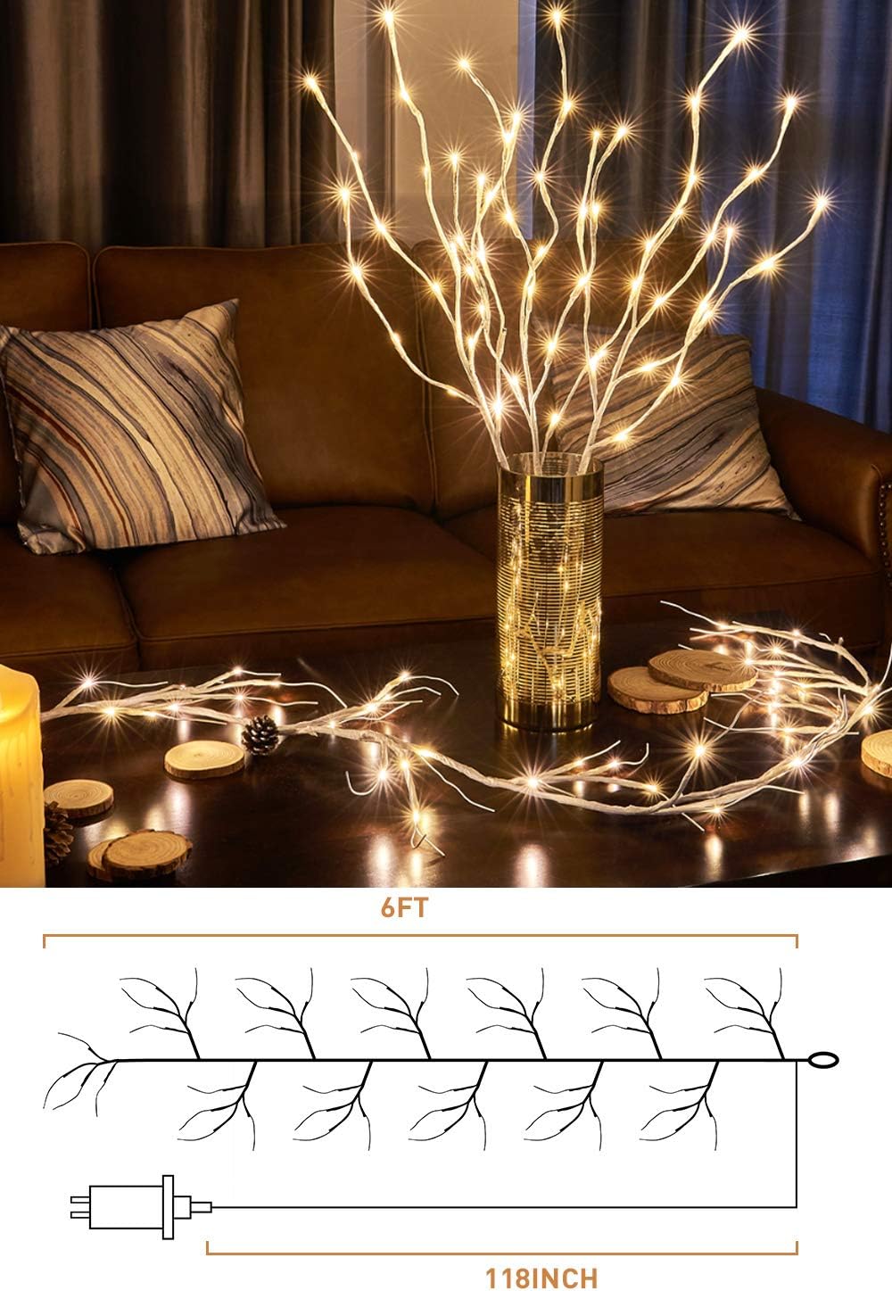 EAMBRITE White Garland Lights, 6 FT 48 LED Lighted Twig Garlands Plug in