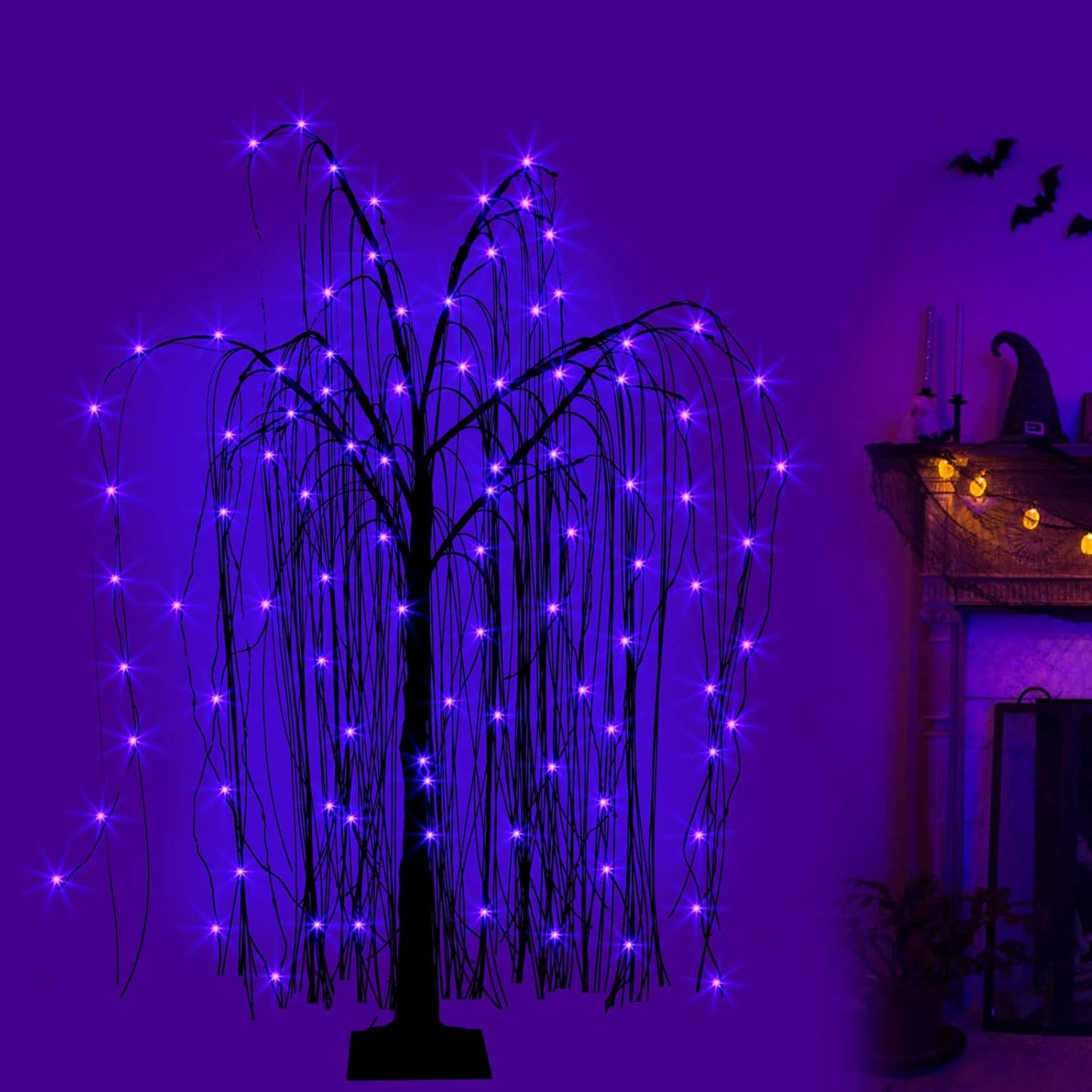 EAMBRITE Halloween Tree 4 FT 180 LED Black Willow Tree with Orange Purple Fairy Lights and Spider Web