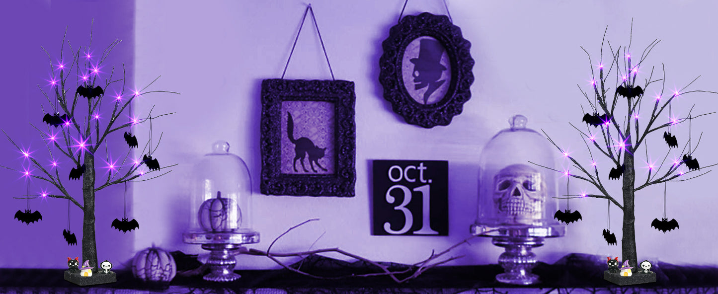 EAMBRITE Halloween Tree, 2FT Black Spooky Tree with 24 LED Purple Lights and 8 Bats