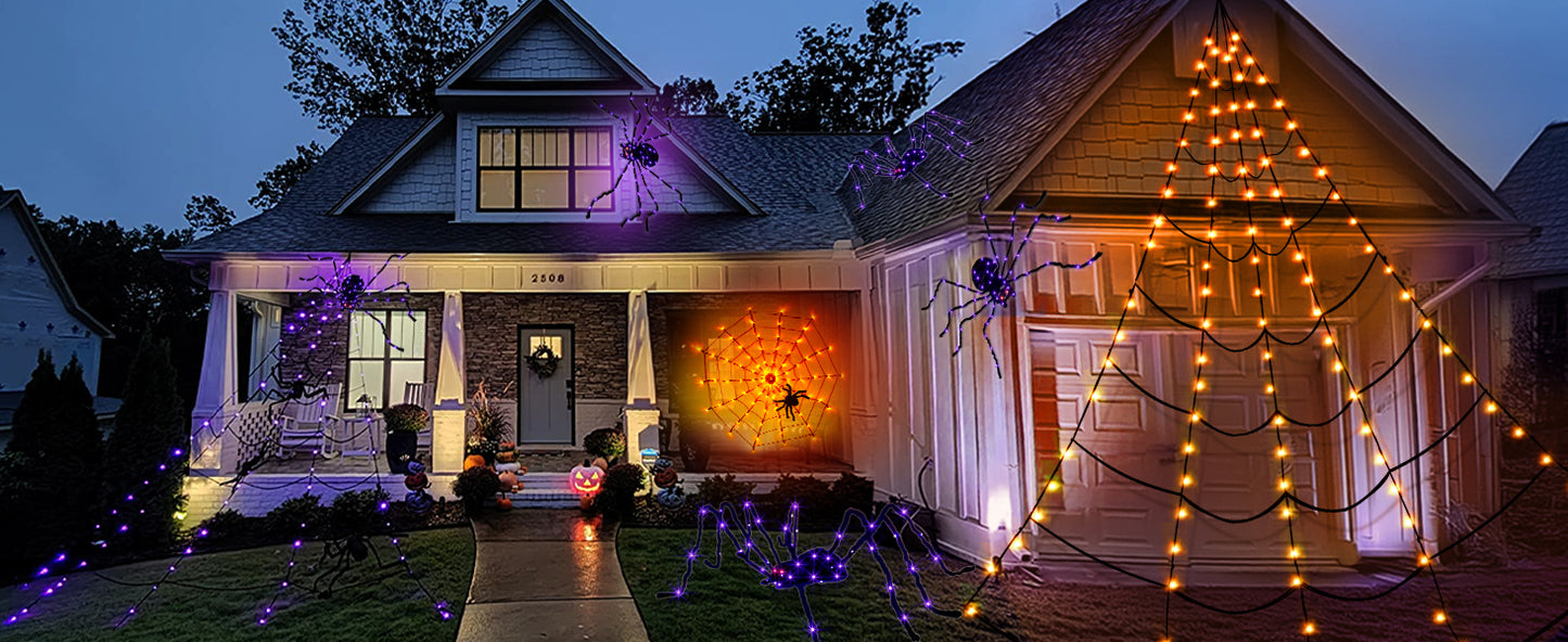 EAMBRITE Halloween Decorations Outdoor Giant Spider Web Lights with 135 LED Purple & Orange Lights