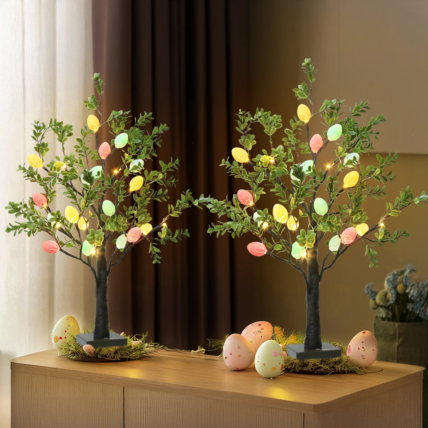 EAMBRITE Easter Decorations Easter Tree with Eggs, 2Ft Tabletop Tree with 24 LED Lights