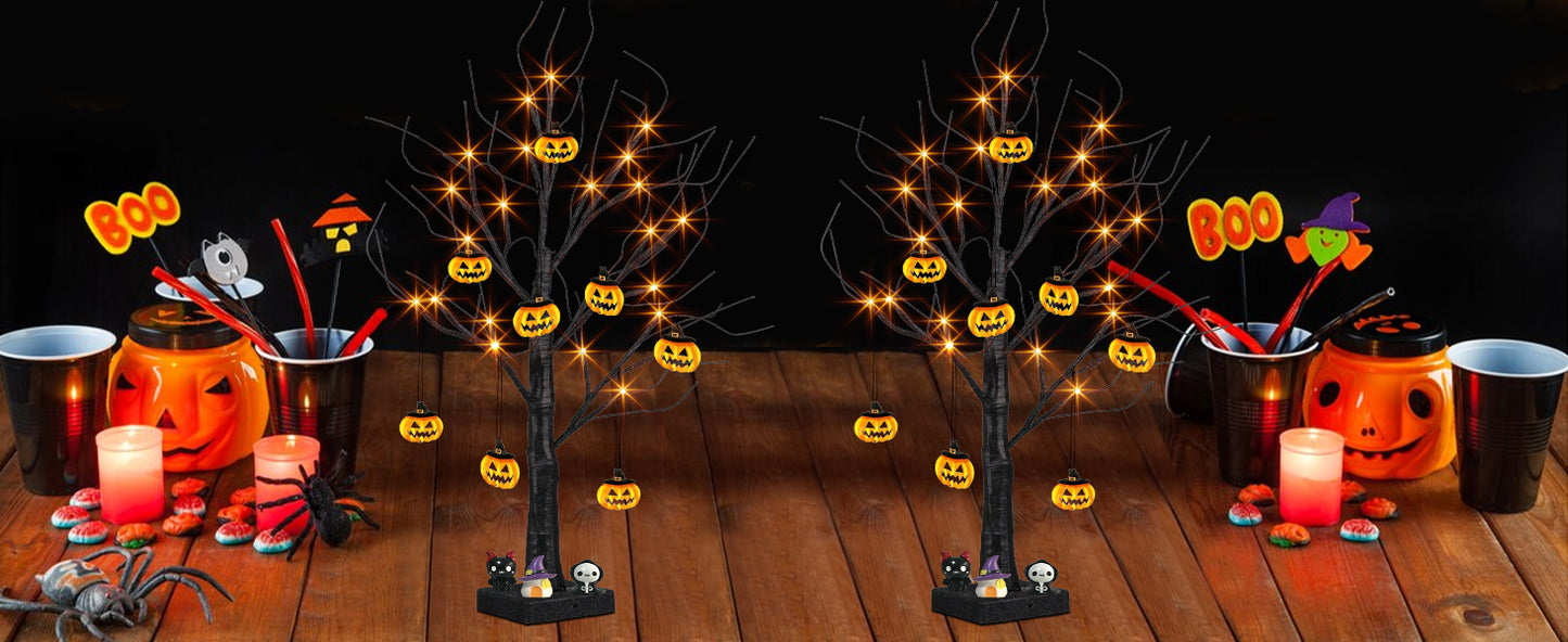 EAMBRITE Halloween Tree, 2FT Black Spooky Tree with 24 LED Orange Lights 8 Pumpkin
