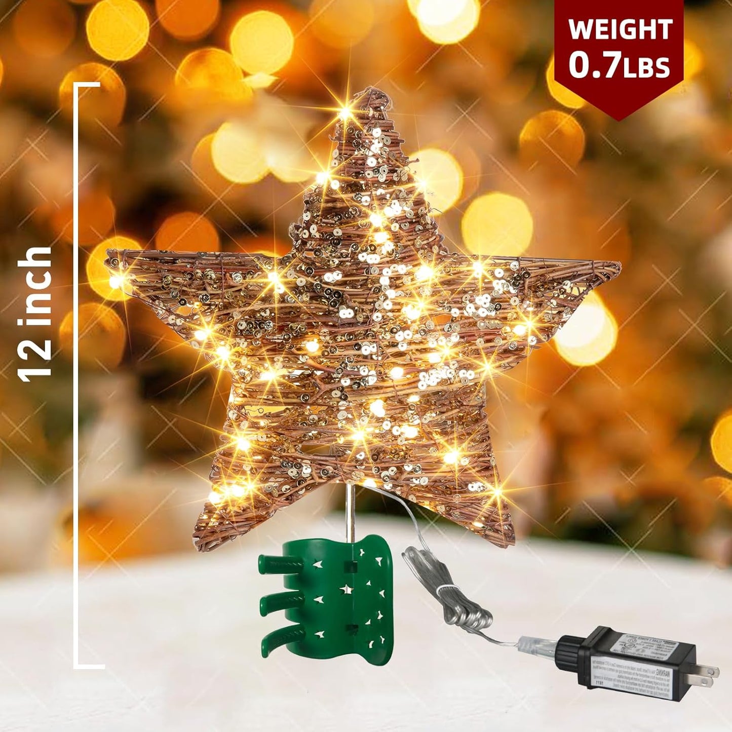 EAMBRITE 13.37” 40 LED Christmas Rattan Tree Topper