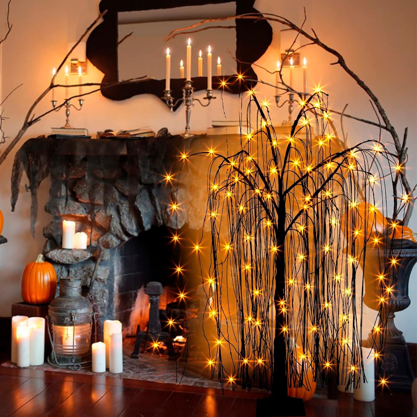EAMBRITE Halloween Tree 4 FT 180 LED Black Willow Tree with Orange Purple Fairy Lights and Spider Web