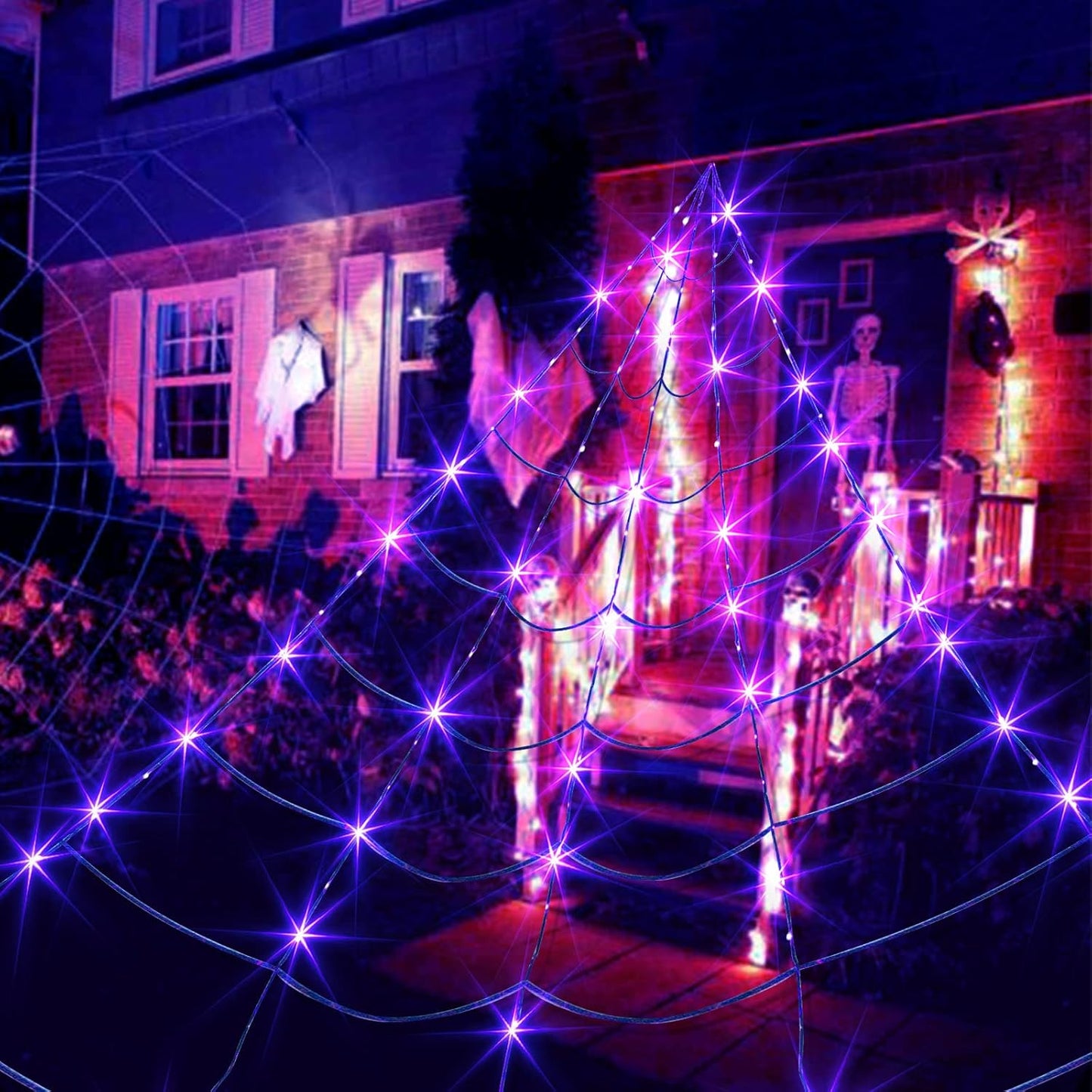 EAMBRITE Halloween Decorations Outdoor Giant Spider Web Lights with 135 LED Purple & Orange Lights