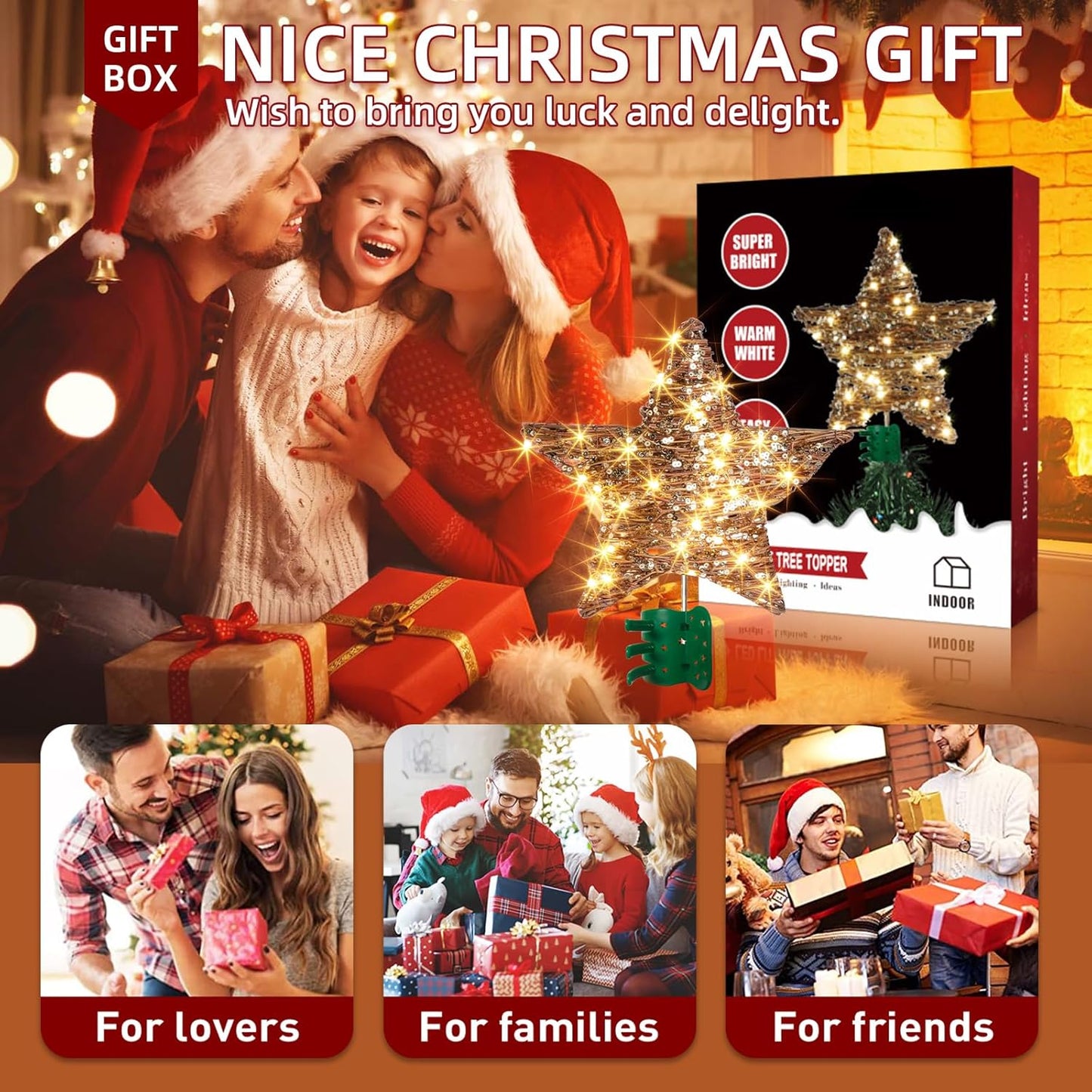 EAMBRITE 13.37” 40 LED Christmas Rattan Tree Topper