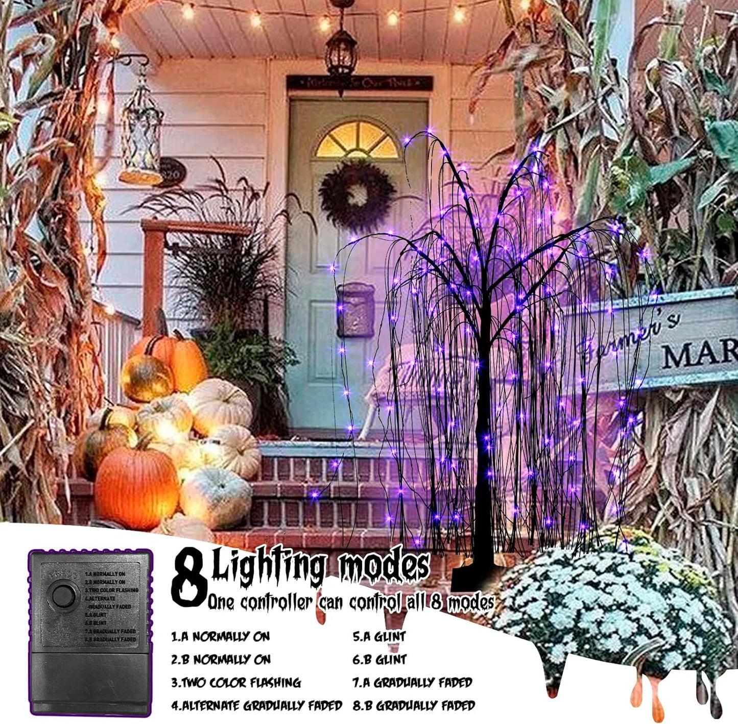 EAMBRITE Halloween Tree 4 FT 180 LED Black Willow Tree with Orange Purple Fairy Lights and Spider Web