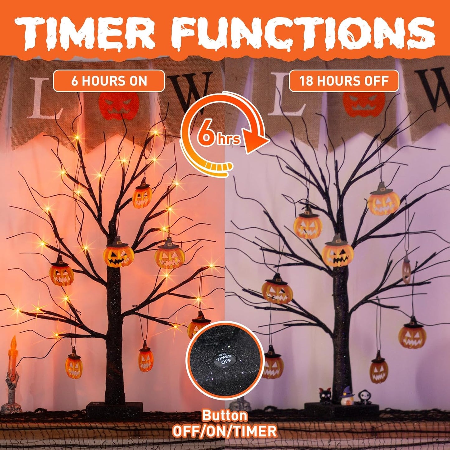 EAMBRITE Halloween Tree, 2FT Black Spooky Tree with 24 LED Orange Lights 8 Pumpkin