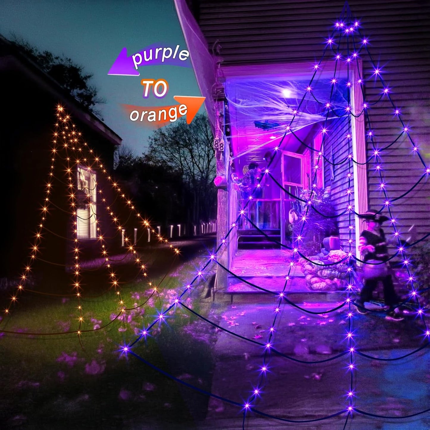 EAMBRITE Halloween Decorations Outdoor Giant Spider Web Lights with 135 LED Purple & Orange Lights