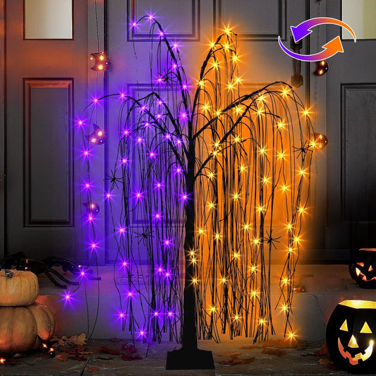 EAMBRITE Halloween Tree 4 FT 180 LED Black Willow Tree with Orange Purple Fairy Lights and Spider Web