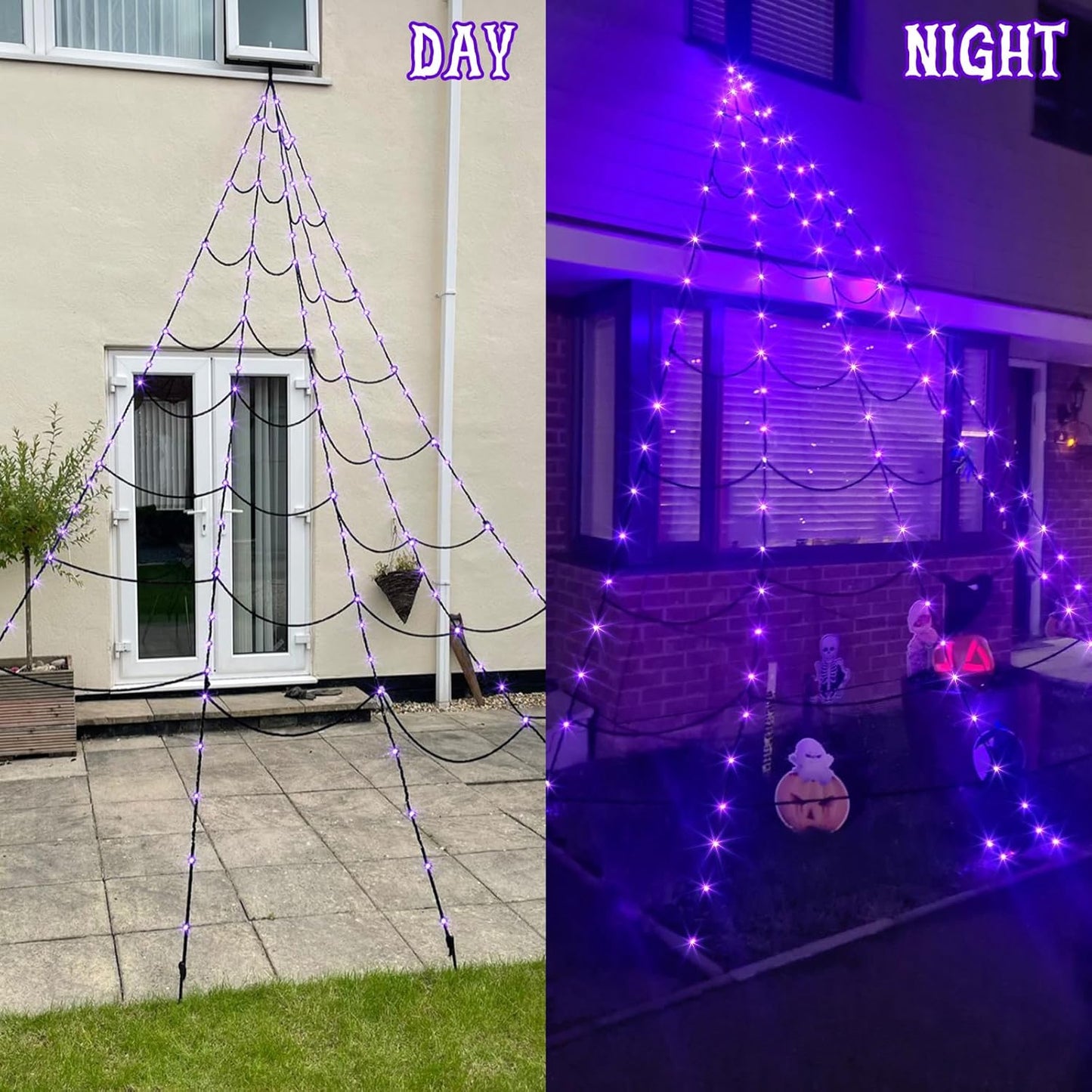 EAMBRITE Halloween Decorations Outdoor Giant Spider Web Lights with 135 LED Purple & Orange Lights