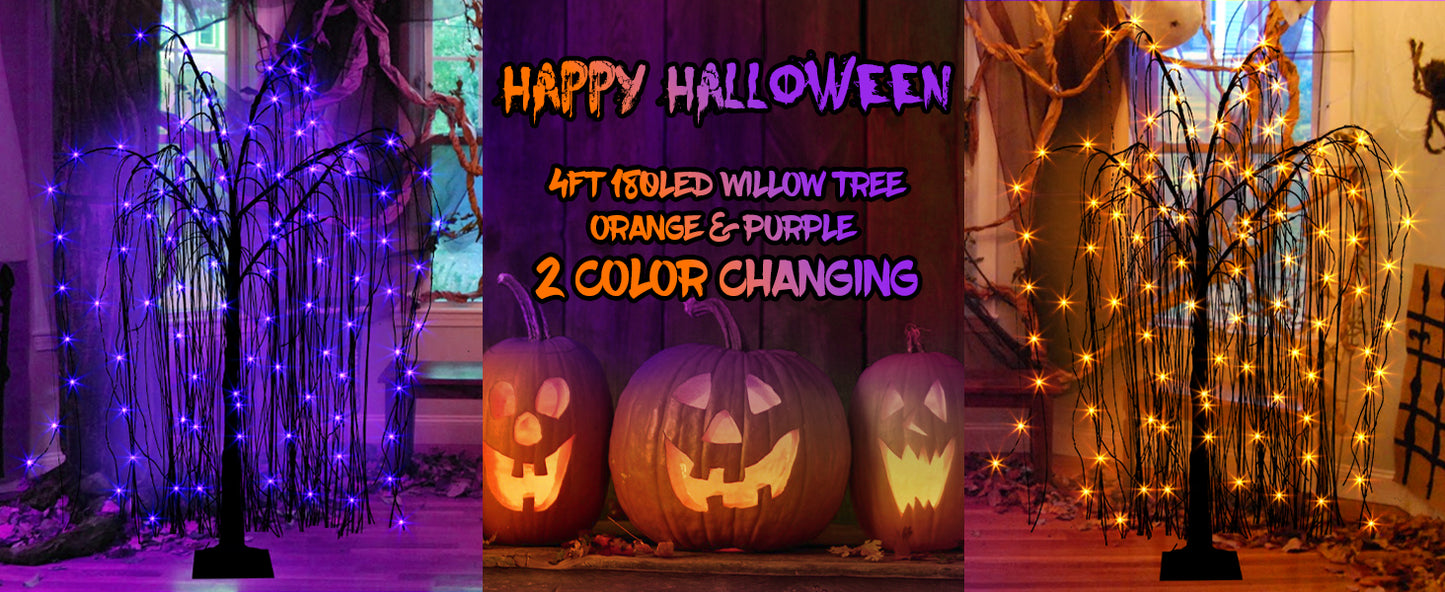 EAMBRITE Halloween Tree 4 FT 180 LED Black Willow Tree with Orange Purple Fairy Lights and Spider Web